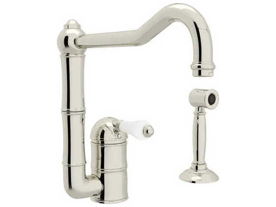 Rohl Acqui Polished Nickel Column Spout Kitchen Faucet with Sidespray with White Porcelain Lever Handle
