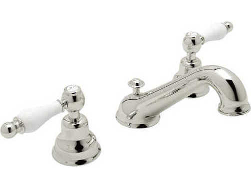 Rohl Arcana Polished Nickel C-Spout Widespread Lavatory Faucet with Ornate White Porcelain Lever Handles