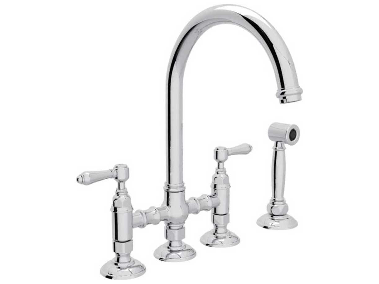Rohl San Julio Polished Chrome Deck Mount C-Spout Bridge Kitchen Faucet with Sidespray with Lever Handles