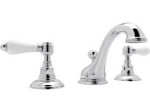 Rohl Viaggio Polished Chrome C-Spout Widespread Lavatory Faucet with White Porcelain Lever Handles