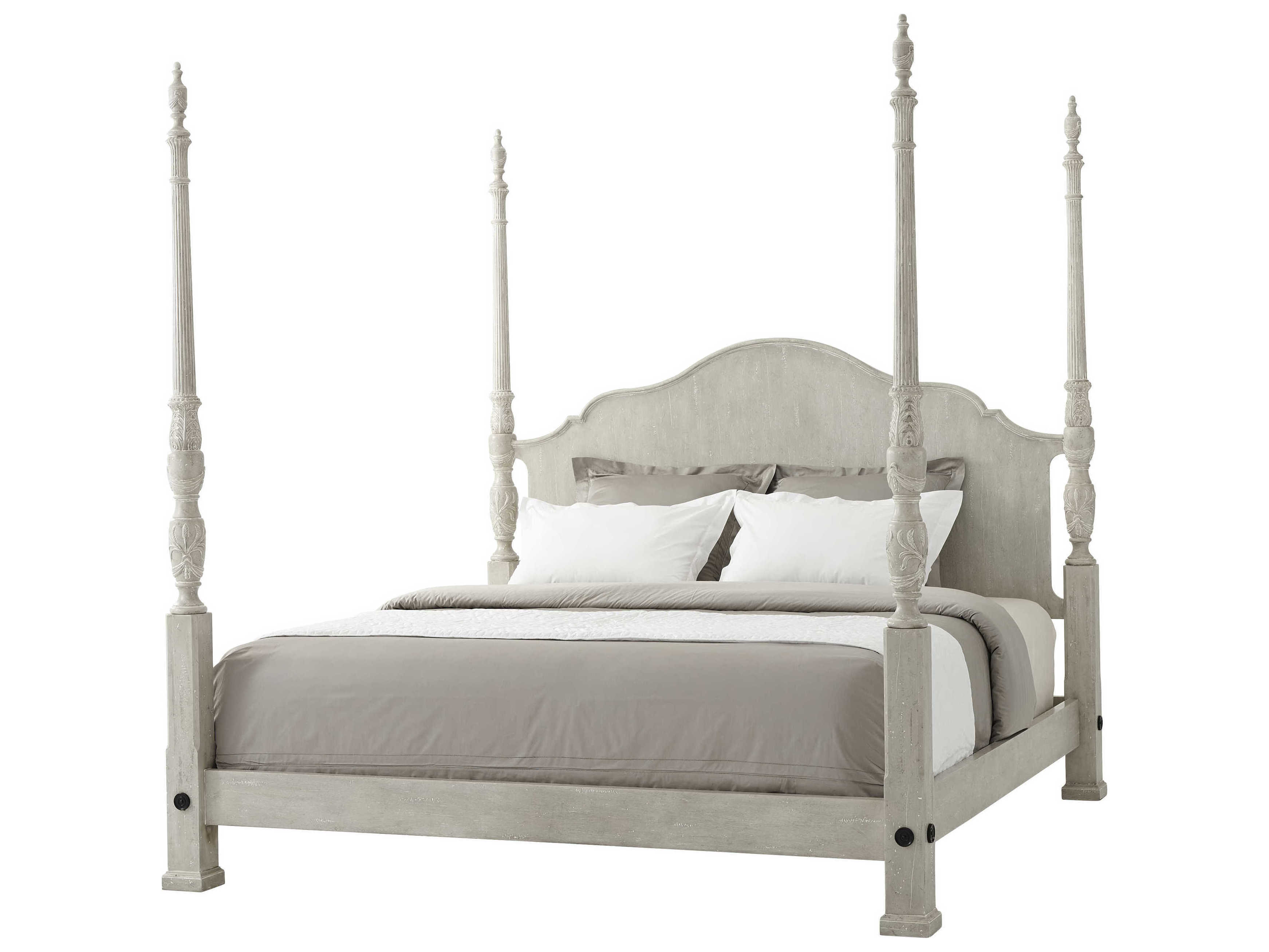 Theodore Alexander Classic Yet Casual Limestone Painted Gray Mahogany Wood King Poster Bed