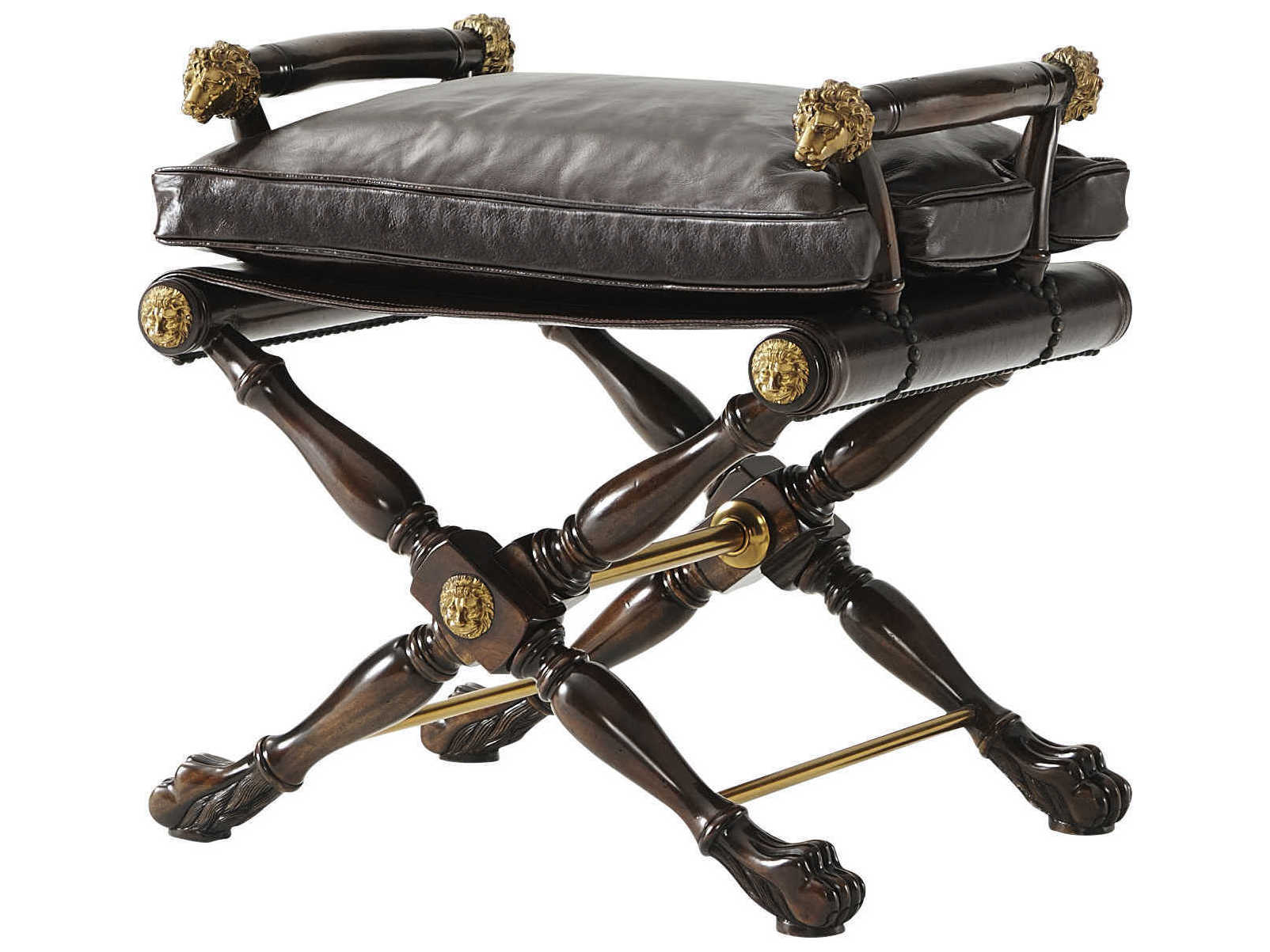 Theodore Alexander Essential Mahogany Brass Brown Leather Accent Stool