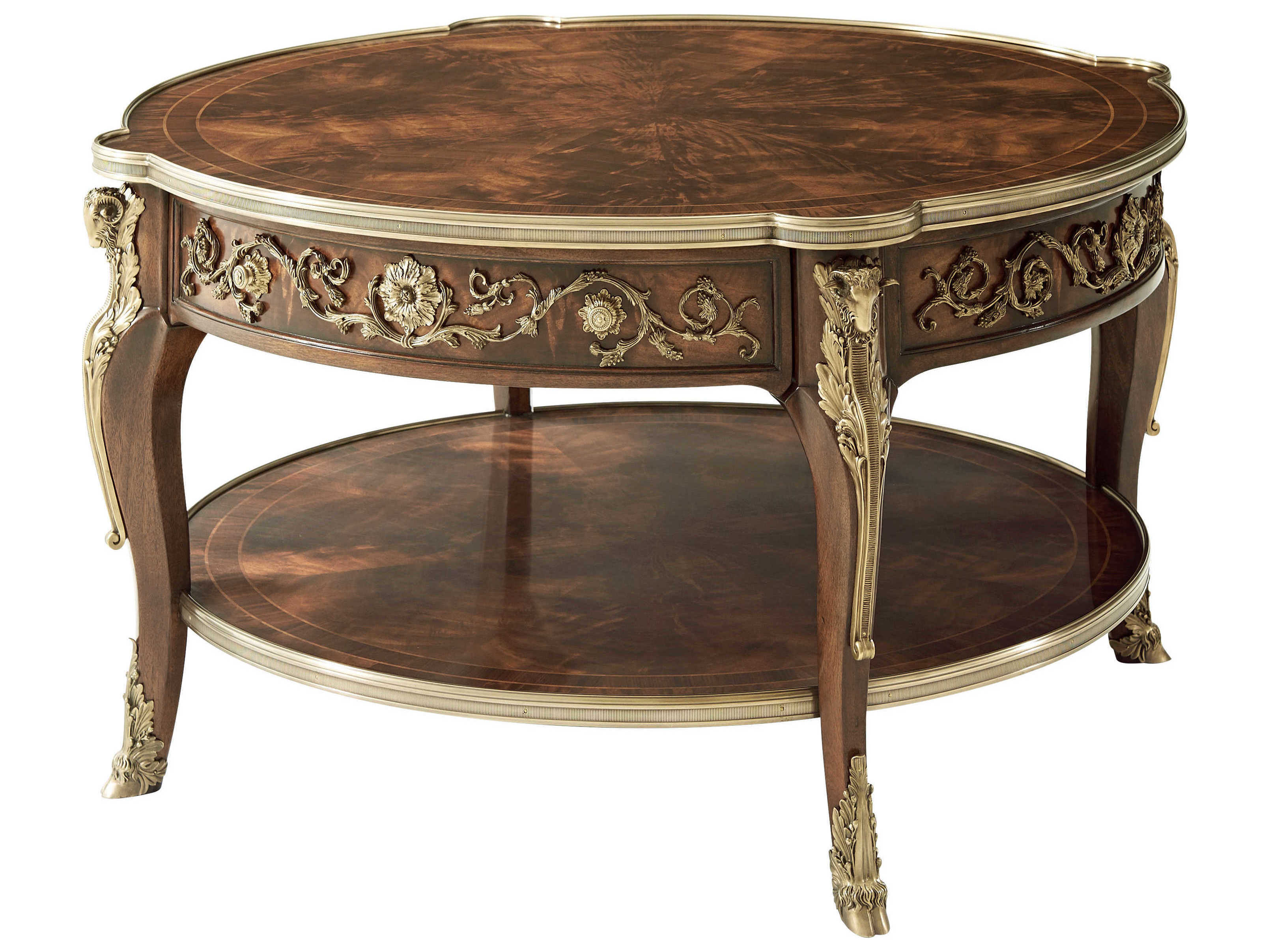 Theodore Alexander Essential Round Wood Flame Figured Veneer Brass Coffee Table