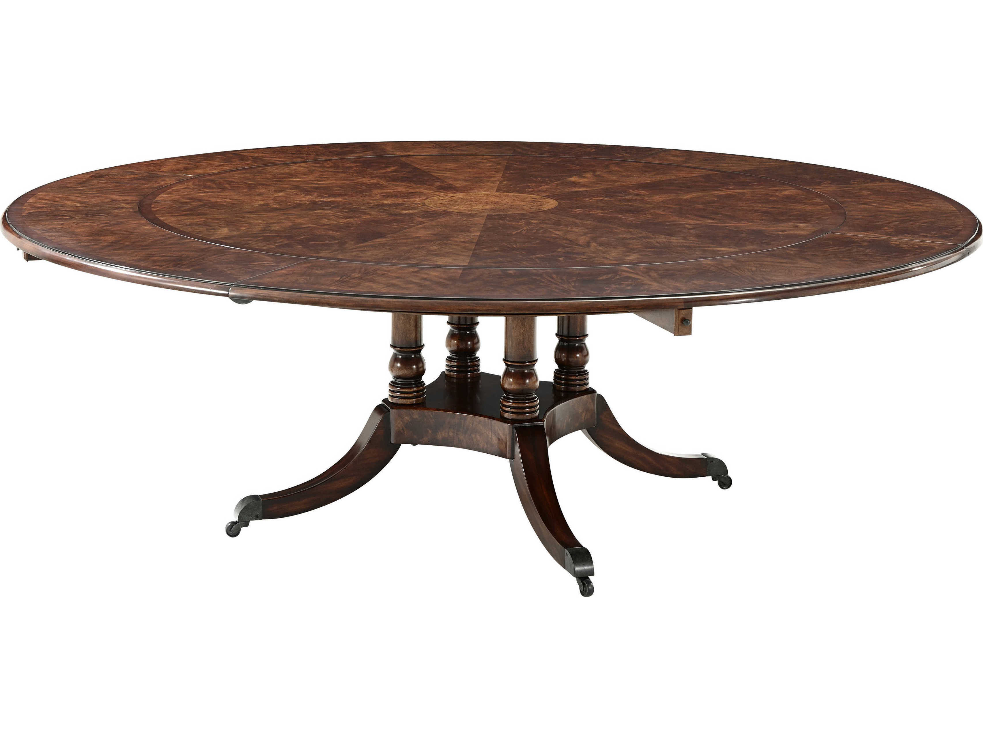 Theodore Alexander Essential Round Wood Flame Figured Veneer Mahogany Brass Dining Table