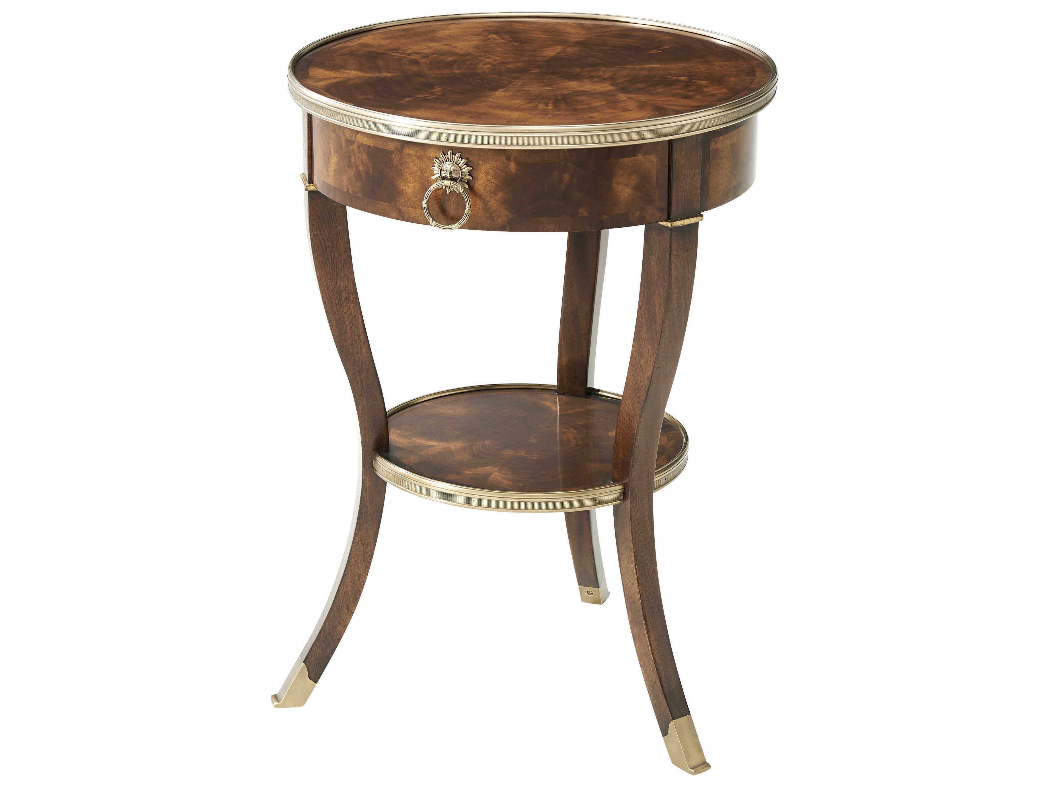 Theodore Alexander Essential Round Wood Flame Figured Veneer Mahogany End Table