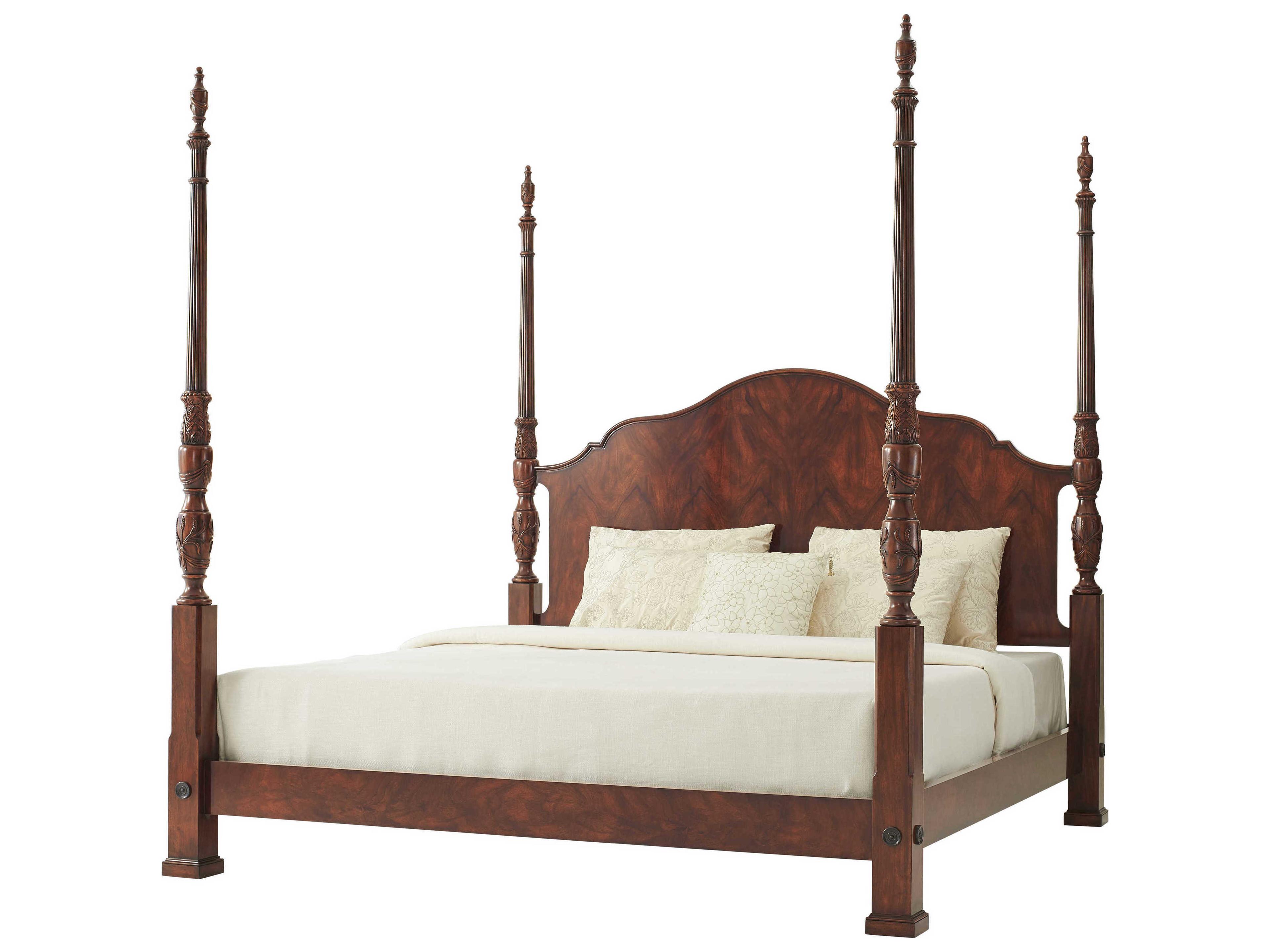 Theodore Alexander Essential Mahogany Swirl Brass Brown Wood King Poster Bed