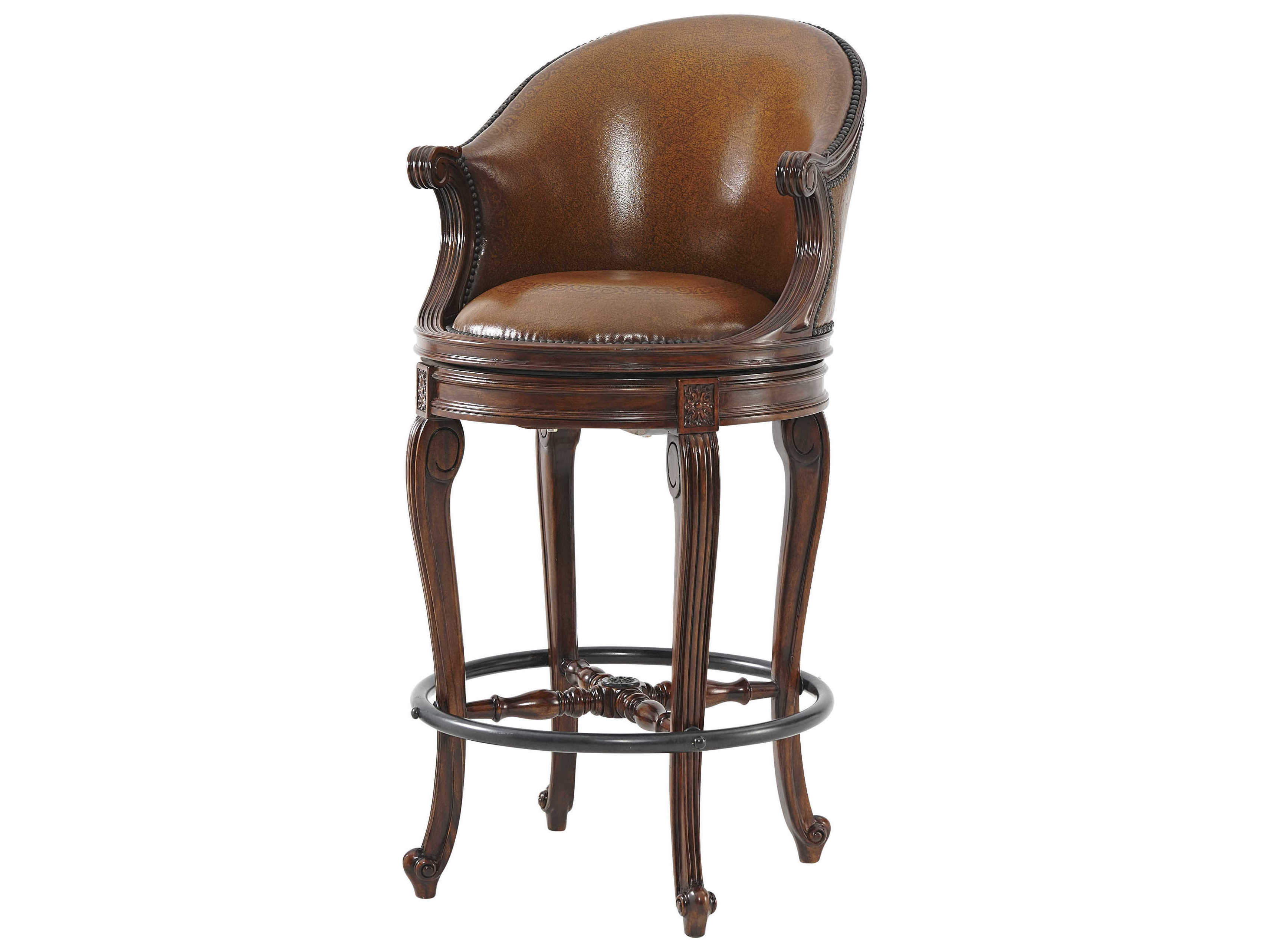 Theodore Alexander Louis Xv Leather Swivel Upholstered Walnut Wood Acacia Brass Bar Stool