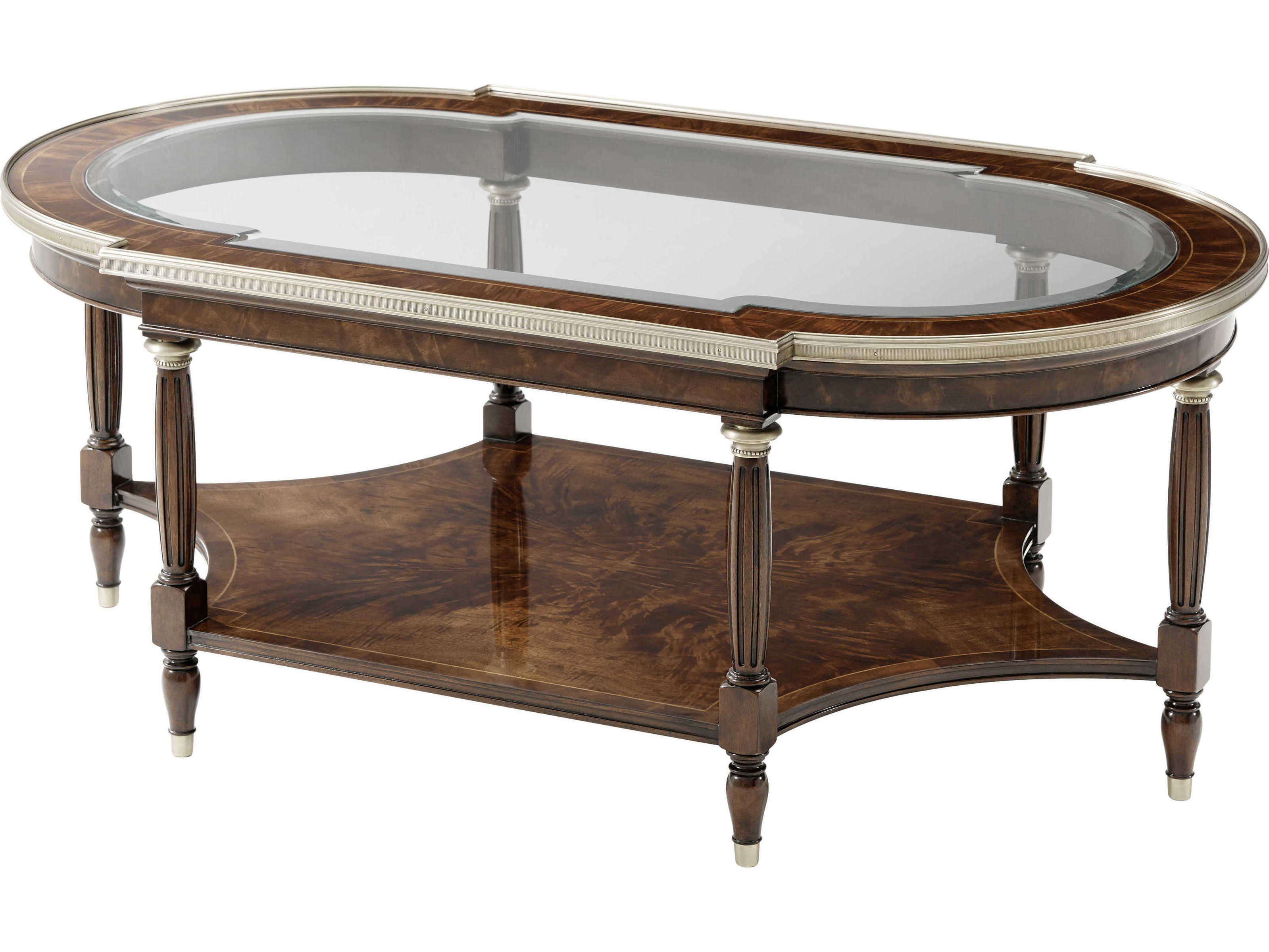 Theodore Alexander Louis Xvi Oval Tempered Glass Marlborough Brass Coffee Table