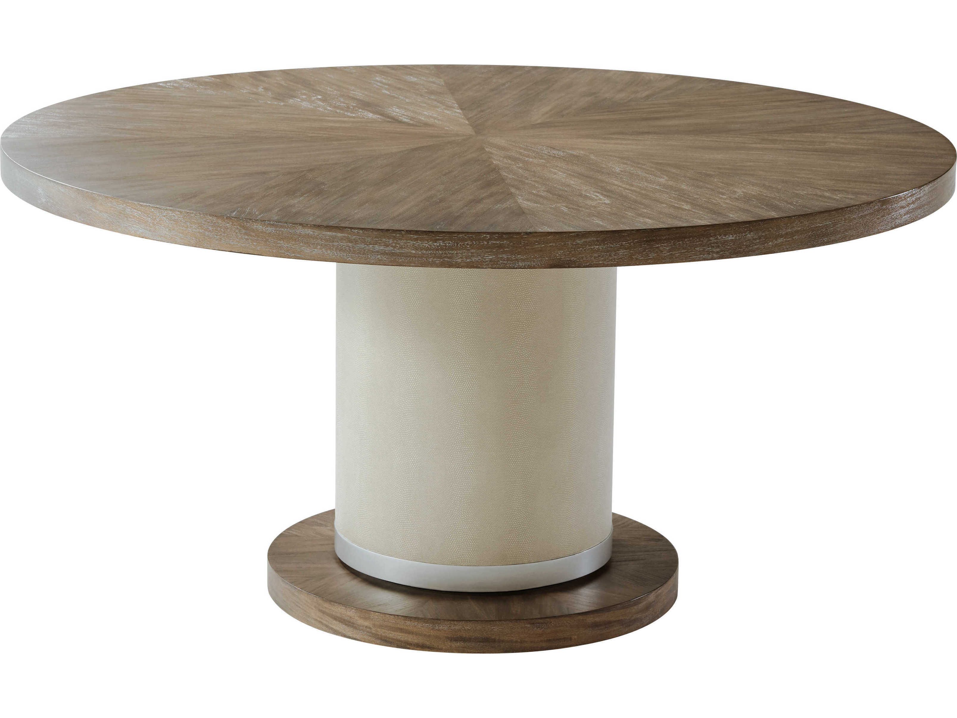 Theodore Alexander Ta Studio No. 2 Round Wood Mangrove Primavera With Overcast White Leather & Brushed Stainless Steel Dining Table