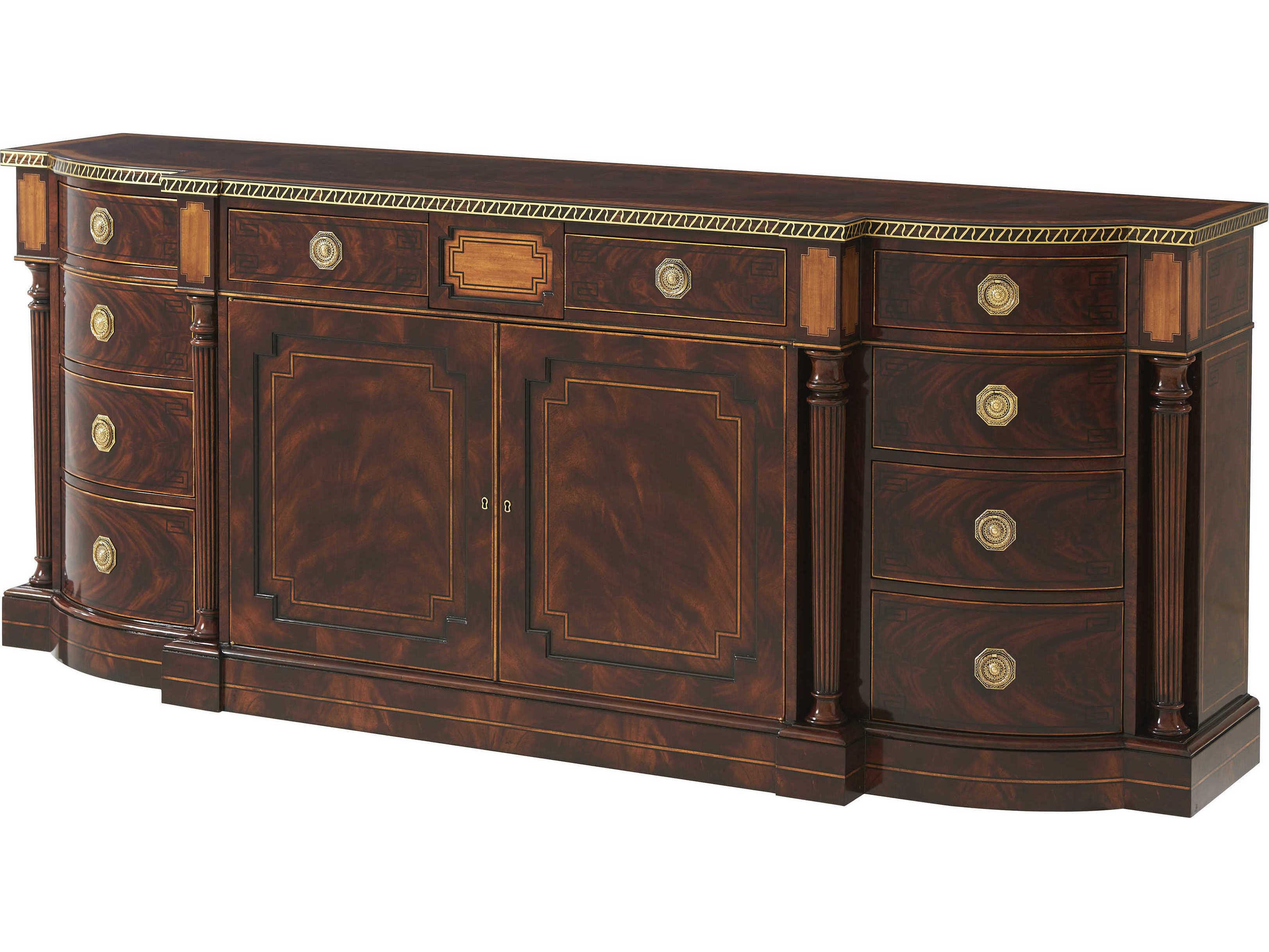 Theodore Alexander The English Cabinet Maker 89" Burlwood Flame Figured Veneer Yew Burl Brass Sideboard