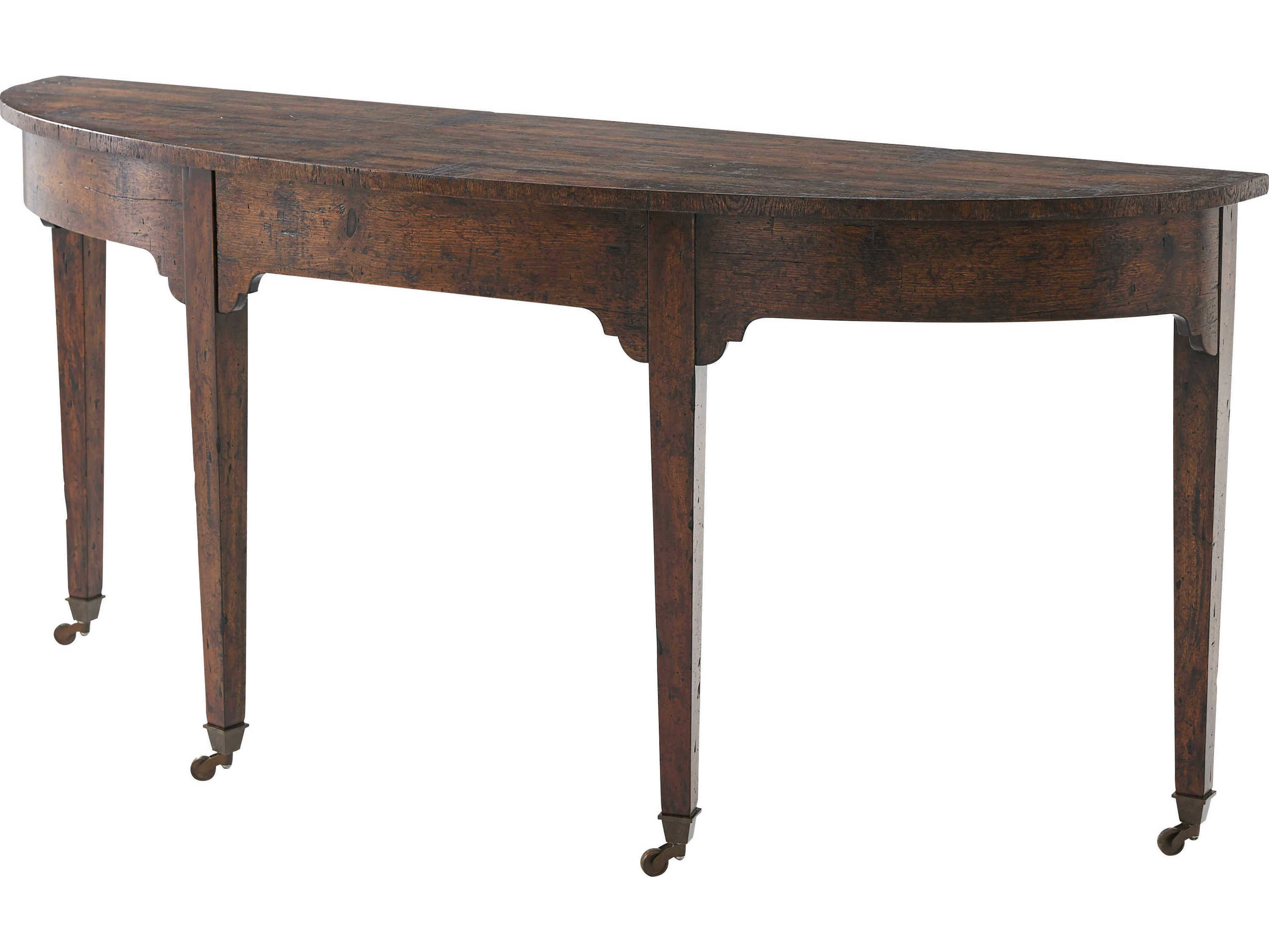 Theodore Alexander Victory Oak Demilune Wood Mahogany Reclaimed Veneer Brass Console Table