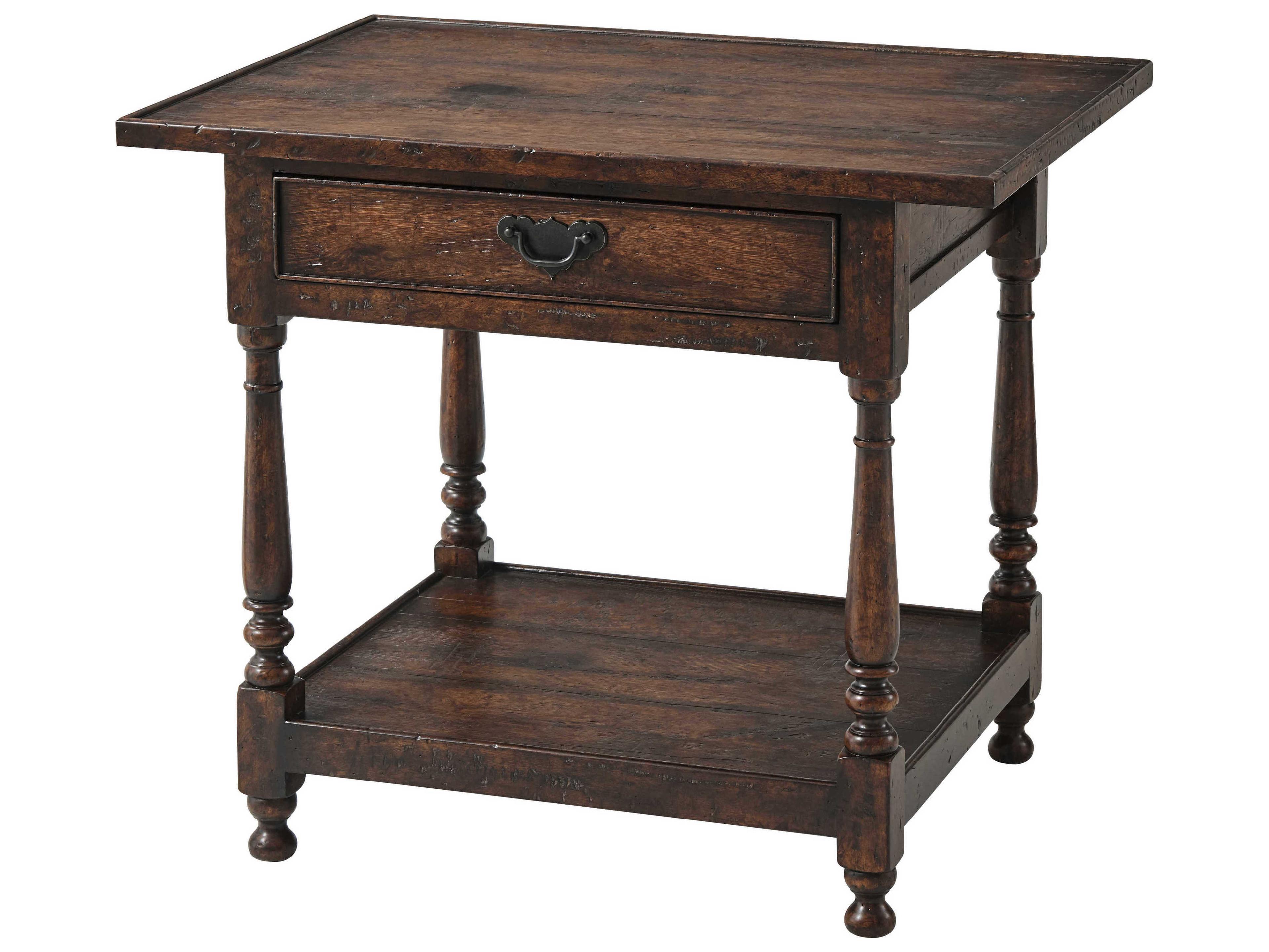 Theodore Alexander Victory Oak Rectangular Wood Mahogany Reclaimed Veneer Brass End Table