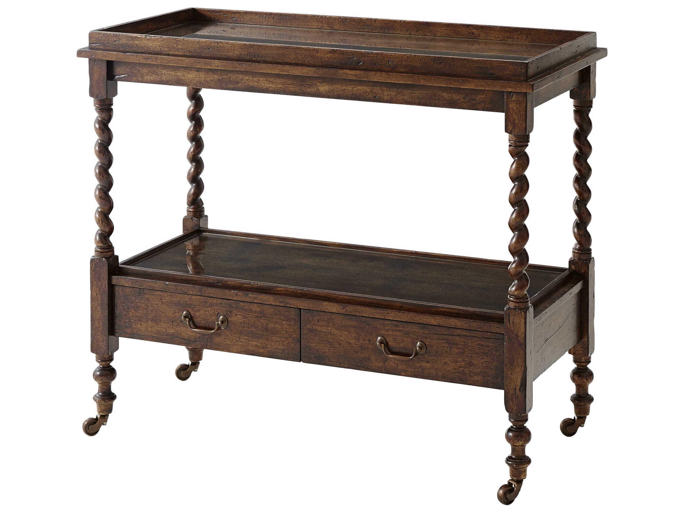 Theodore Alexander Victory Oak Wood Brown Mahogany Reclaimed Veneer Brass Bar Cart