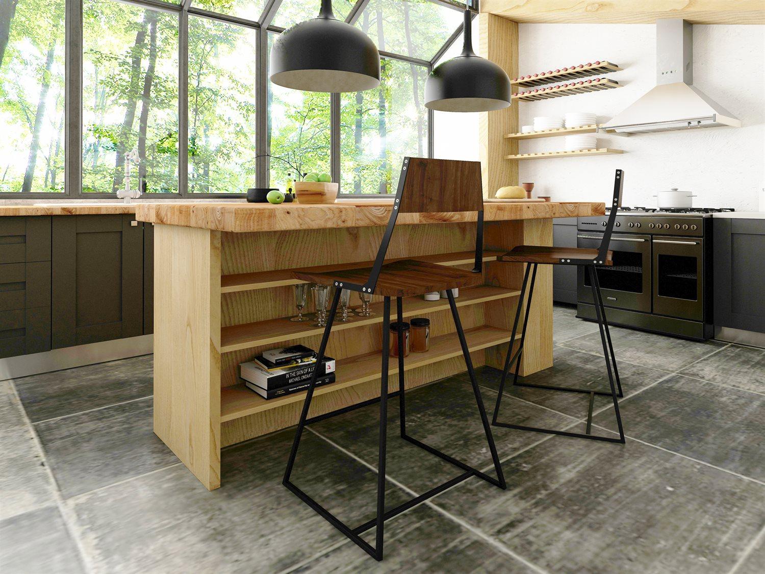 Tronk Design Clarke Collection Walnut Wood Black Counter Stool