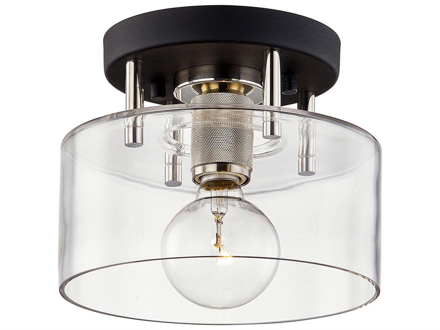 Troy Lighting Bergamot Station 1-Light Carbide Black Polished Nickel Glass Drum Semi Flush Mount