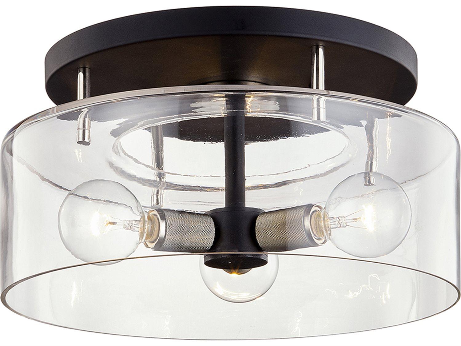 Troy Lighting Bergamot Station 3-Light Carbide Black Polished Nickel Glass Drum Semi Flush Mount