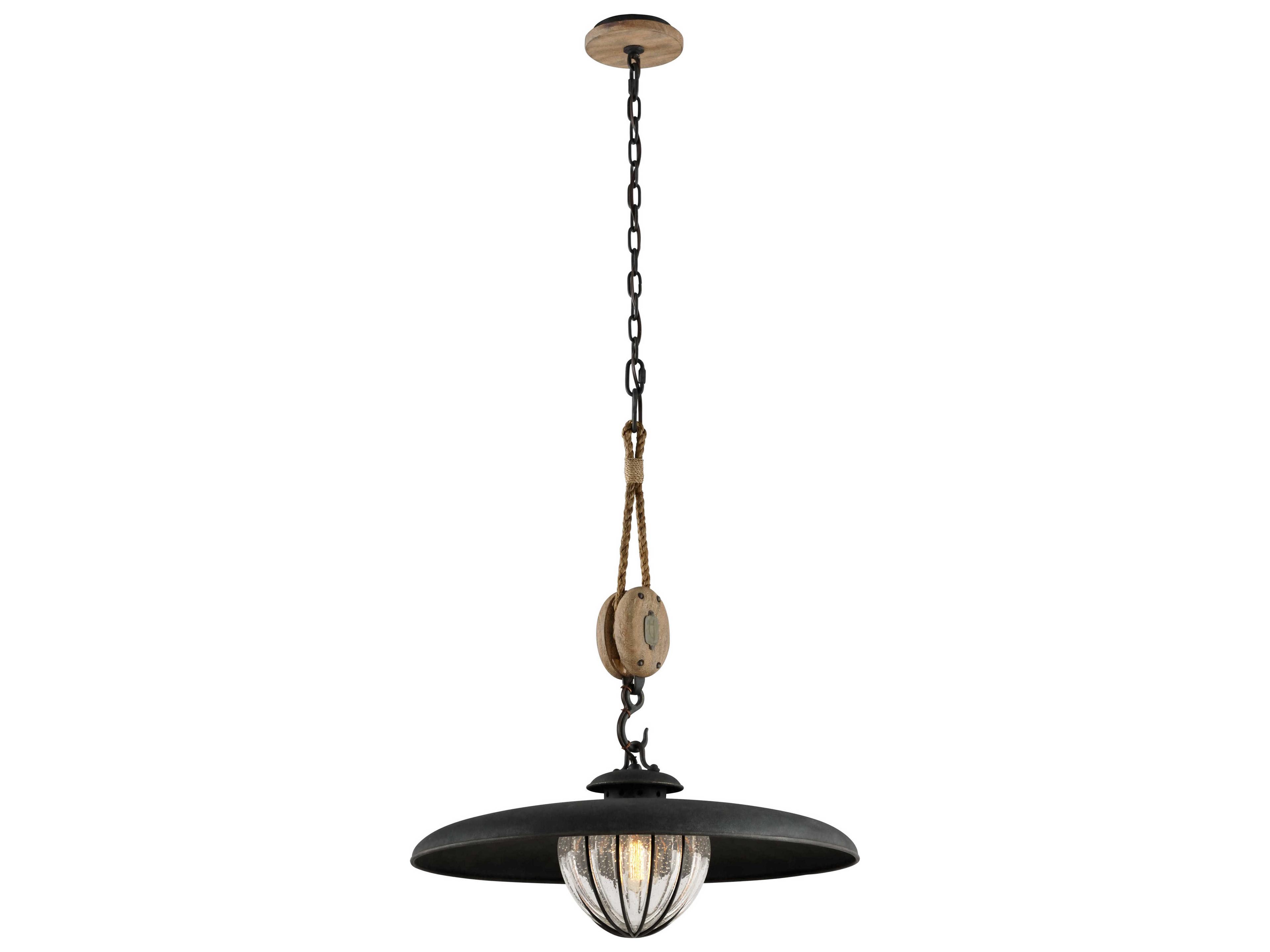 Troy Lighting Murphy 1-Light Vintage Iron With Rustic Wood Black Glass Globe Pendant