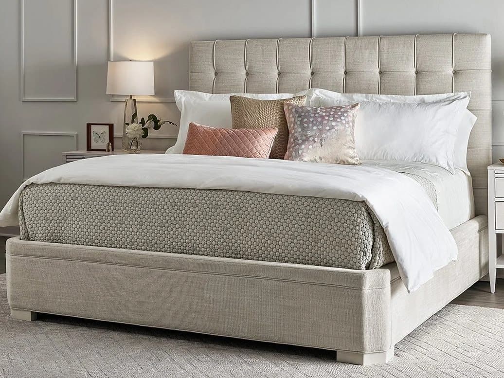 Universal Furniture Miranda Kerr Uptown Alabaster Woven Pewter Beige Upholstered King Platform Bed