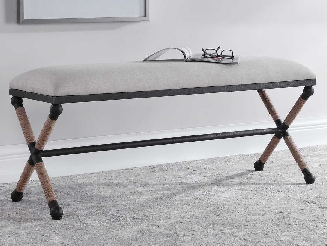 Uttermost Firth Neutral Oatmeal Rustic Iron White Upholstered Accent Bench