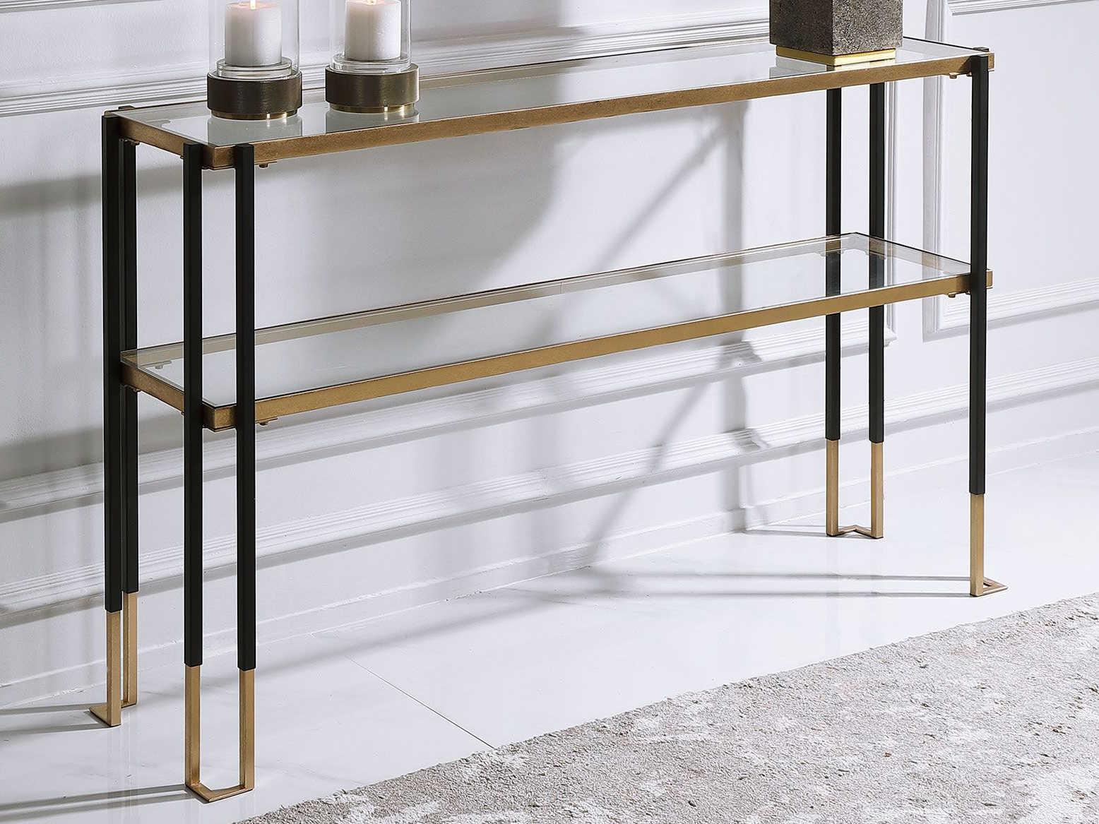 Uttermost Kentmore Modern Rectangular Glass Matte Black Brushed Gold Console Table