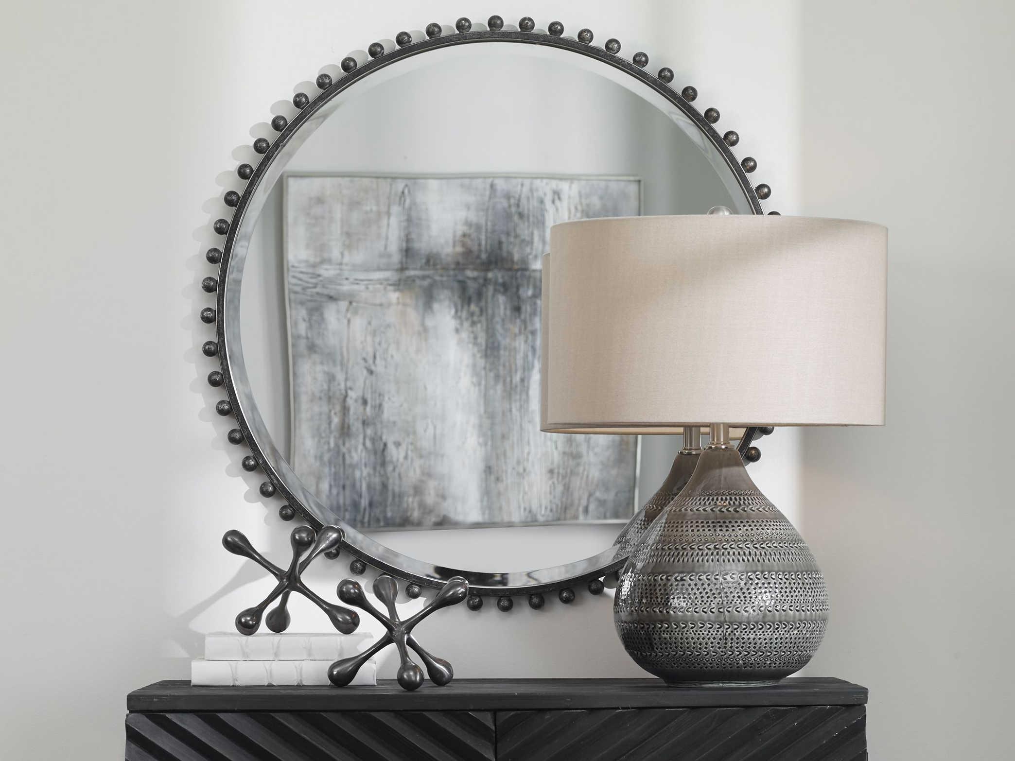 Uttermost Taza Distressed Black / Light Gray Round Wall Mirror