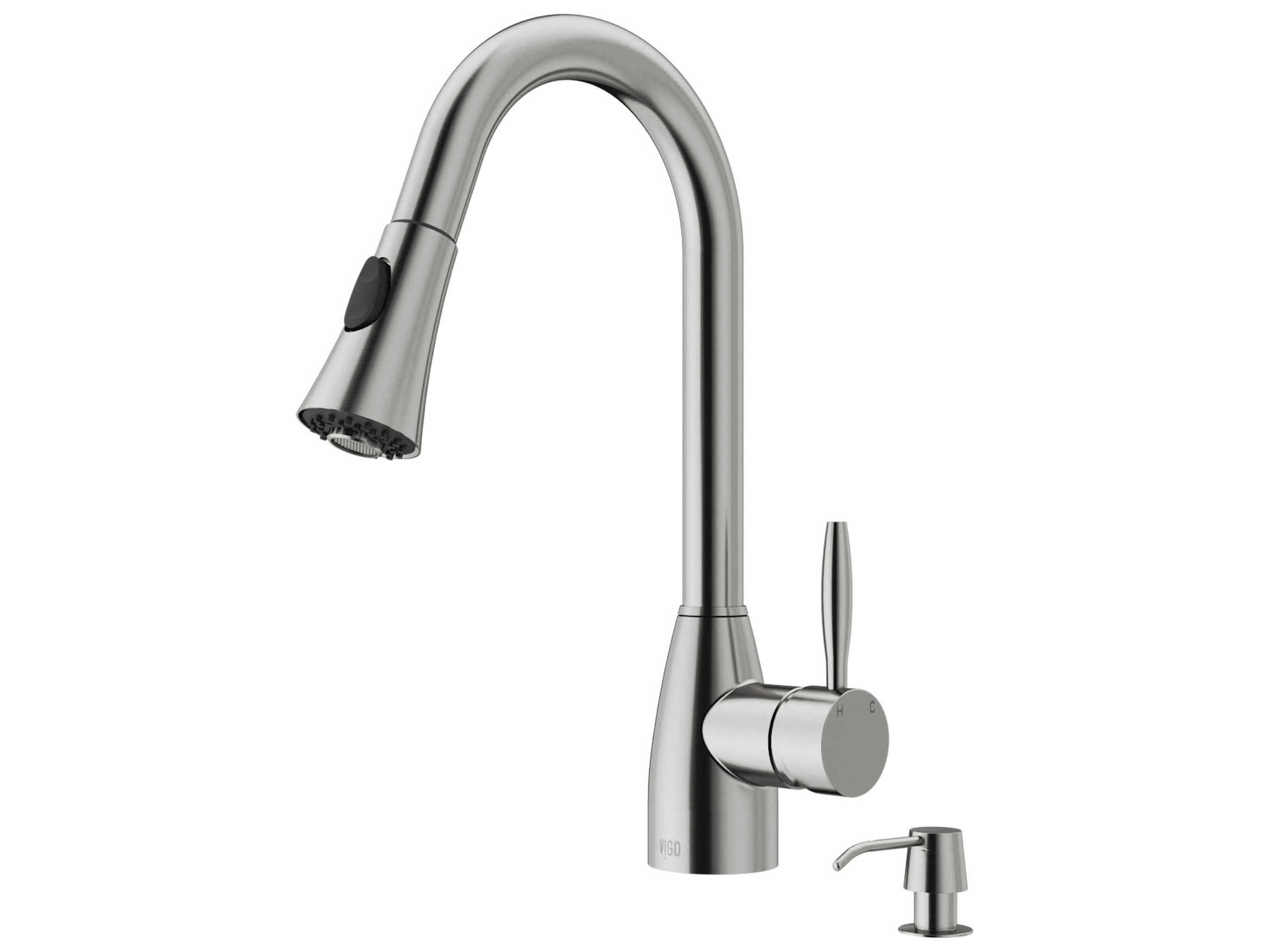 Vigo Aylesbury Stainless Steel 1-Handle Deck Mount Pull-Down Kitchen Faucet with Soap Dispenser