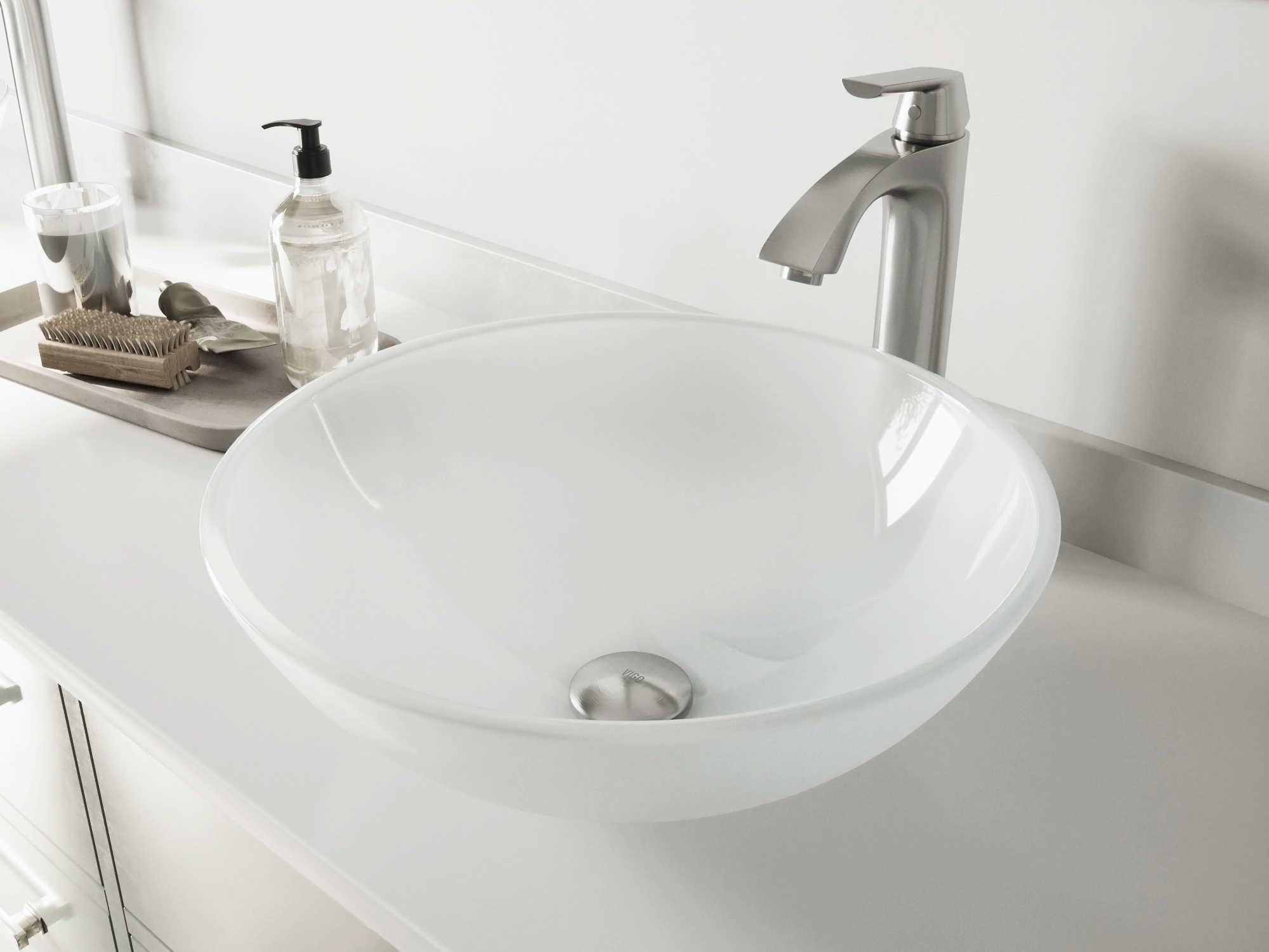 Vigo White Frost 17" Round Vessel Bathroom Sink with Brushed Nickel 1-Lever Linus Faucet and Drain