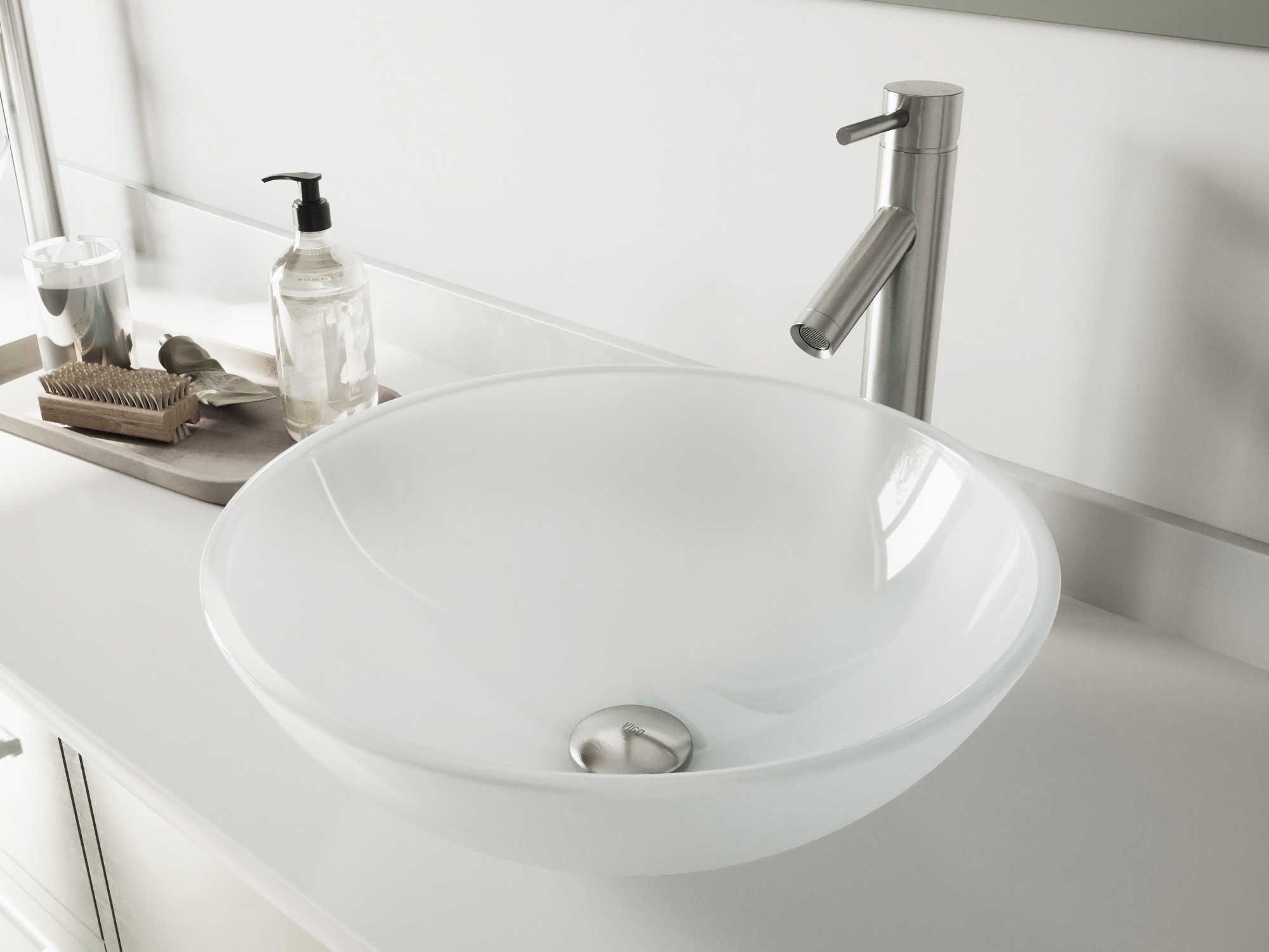 Vigo White Frost 17" Round Vessel Bathroom Sink with Brushed Nickel 1-Lever Dior Faucet and Drain