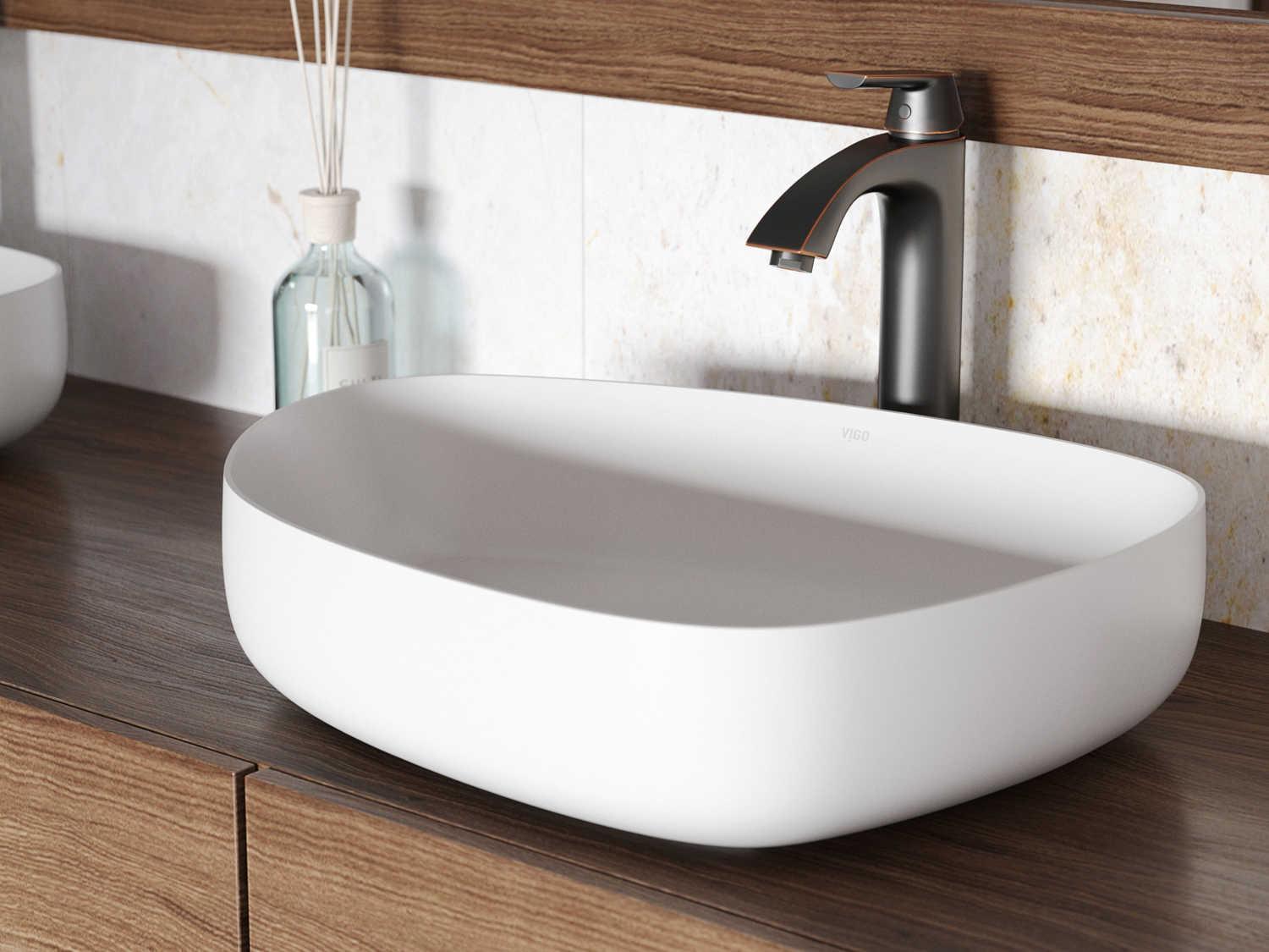 Vigo Peony Matte White 20" Irregular Oval Vessel Bathroom Sink with Antique Rubbed Bronze 1-Lever Linus Faucet and Drain