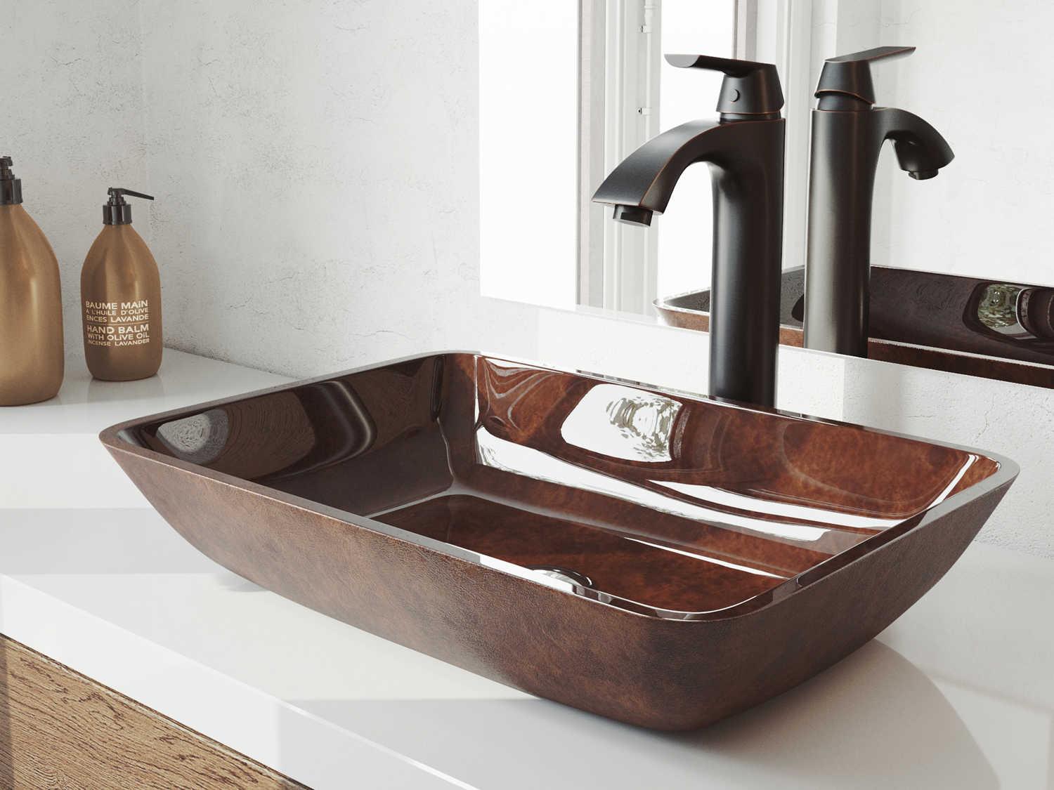 Vigo Russet Red / Brown Fusion 18" Rectangular Vessel Bathroom Sink with Antique Rubbed Bronze 1-Lever Linus Faucet and Drain