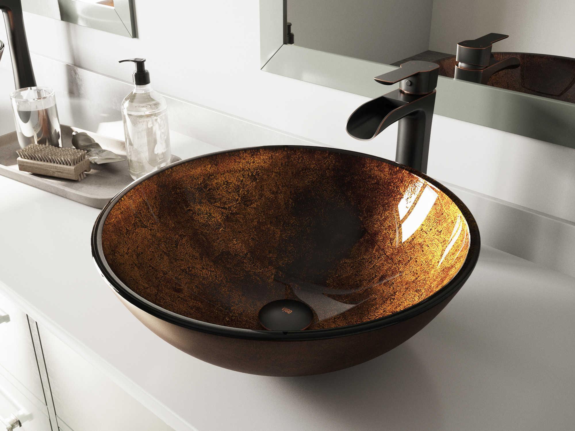 Vigo Russet Gold / Brown Fusion 17" Round Vessel Bathroom Sink with Antique Rubbed Bronze 1-Lever Niko Faucet and Drain