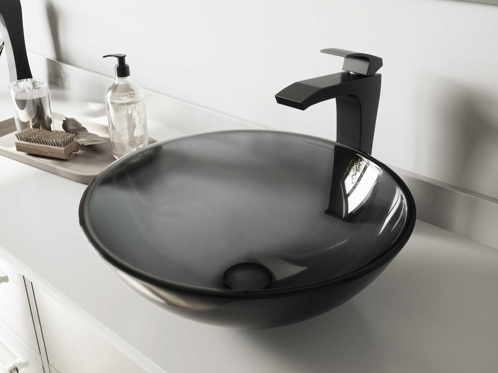 Vigo Sheer Black 17" Round Vessel Bathroom Sink with Matte Black 1-Handle Blackstonian Faucet and Drain