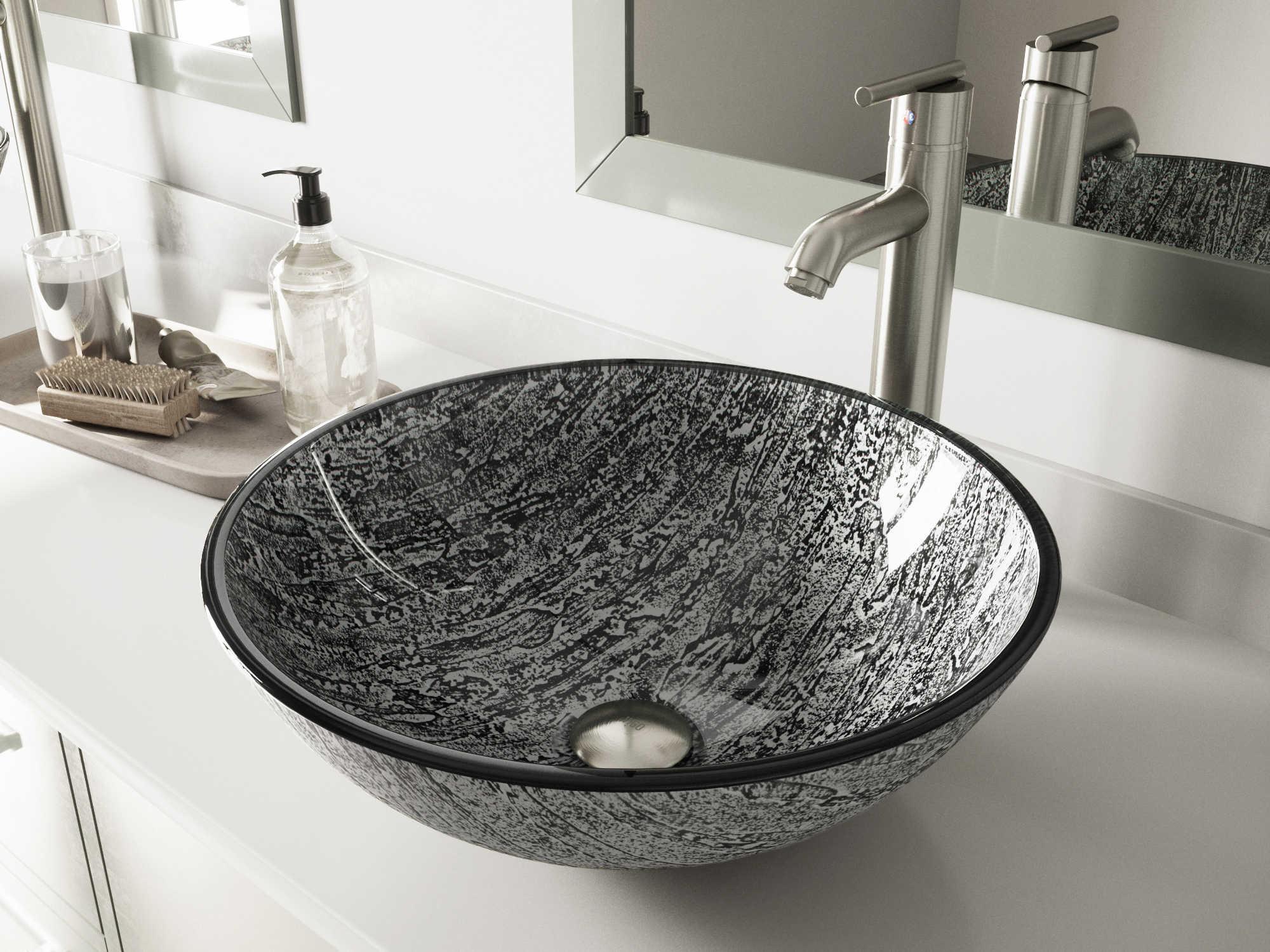 Vigo Titanium Slate Grey 17" Round Vessel Bathroom Sink with Brushed Nickel 1-Lever Seville Faucet and Drain