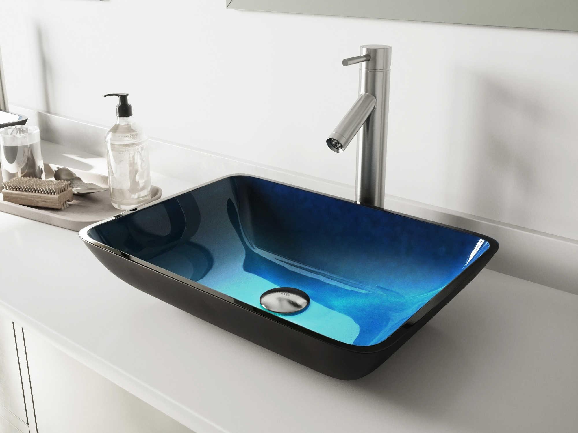 Vigo Turquoise Water 18" Rectangular Vessel Bathroom Sink with Brushed Nickel 1-Lever Dior Faucet and Drain