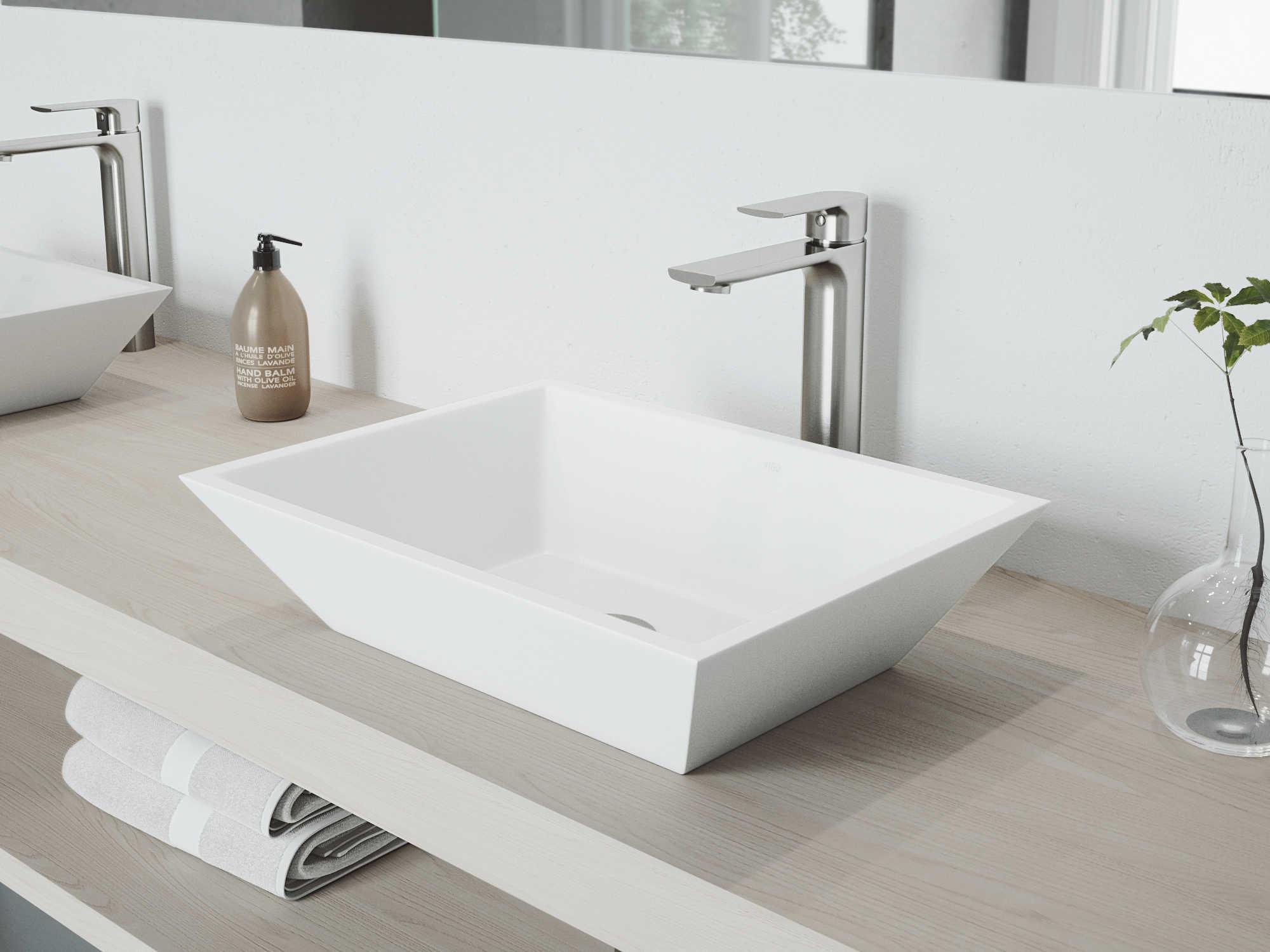 Vigo Vinca Matte White 18" Rectangular Vessel Bathroom Sink with Brushed Nickel 1-Handle Norfolk Faucet and Drain