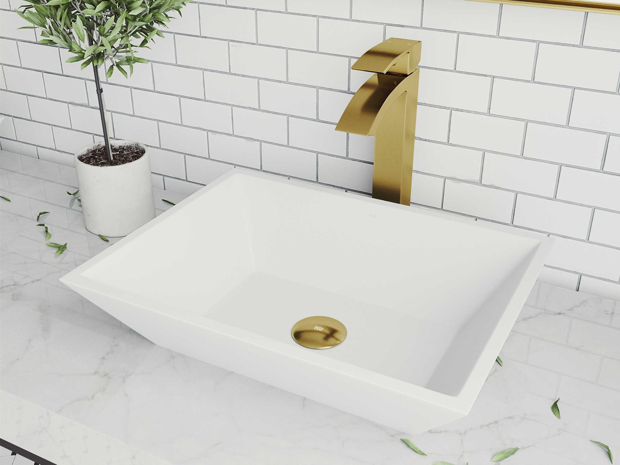 Vigo Vinca Matte White 18" Rectangular Vessel Bathroom Sink with Matte Gold 1-Handle Duris Faucet and Pop-Up Drain
