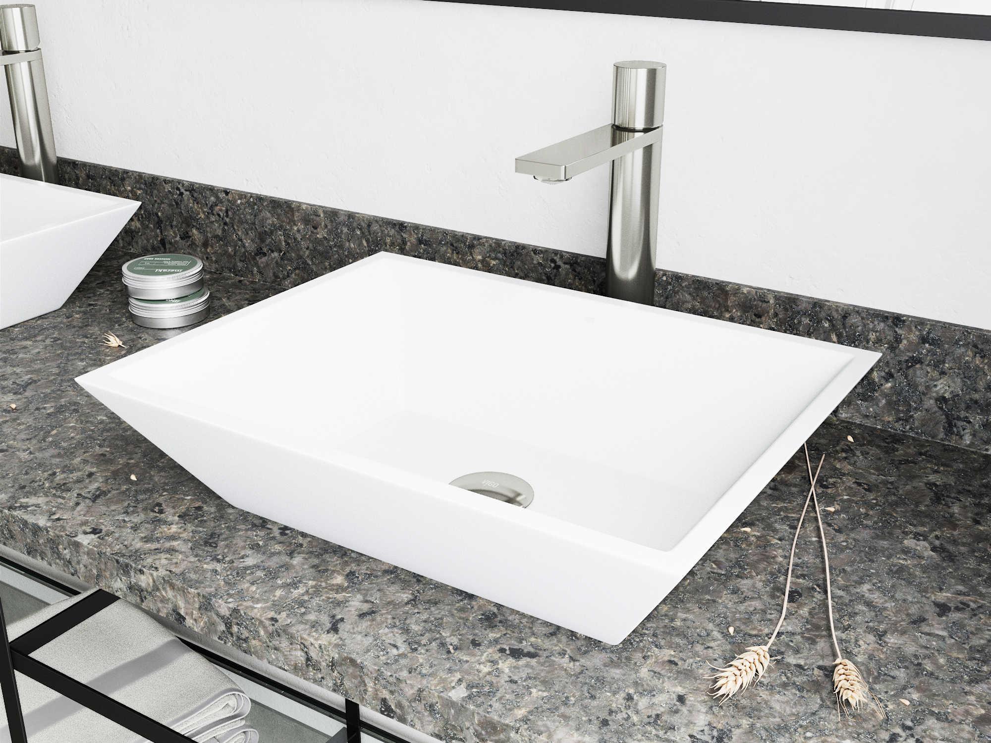 Vigo Vinca Matte White 18" Rectangular Vessel Bathroom Sink with Brushed Nickel Gotham Faucet