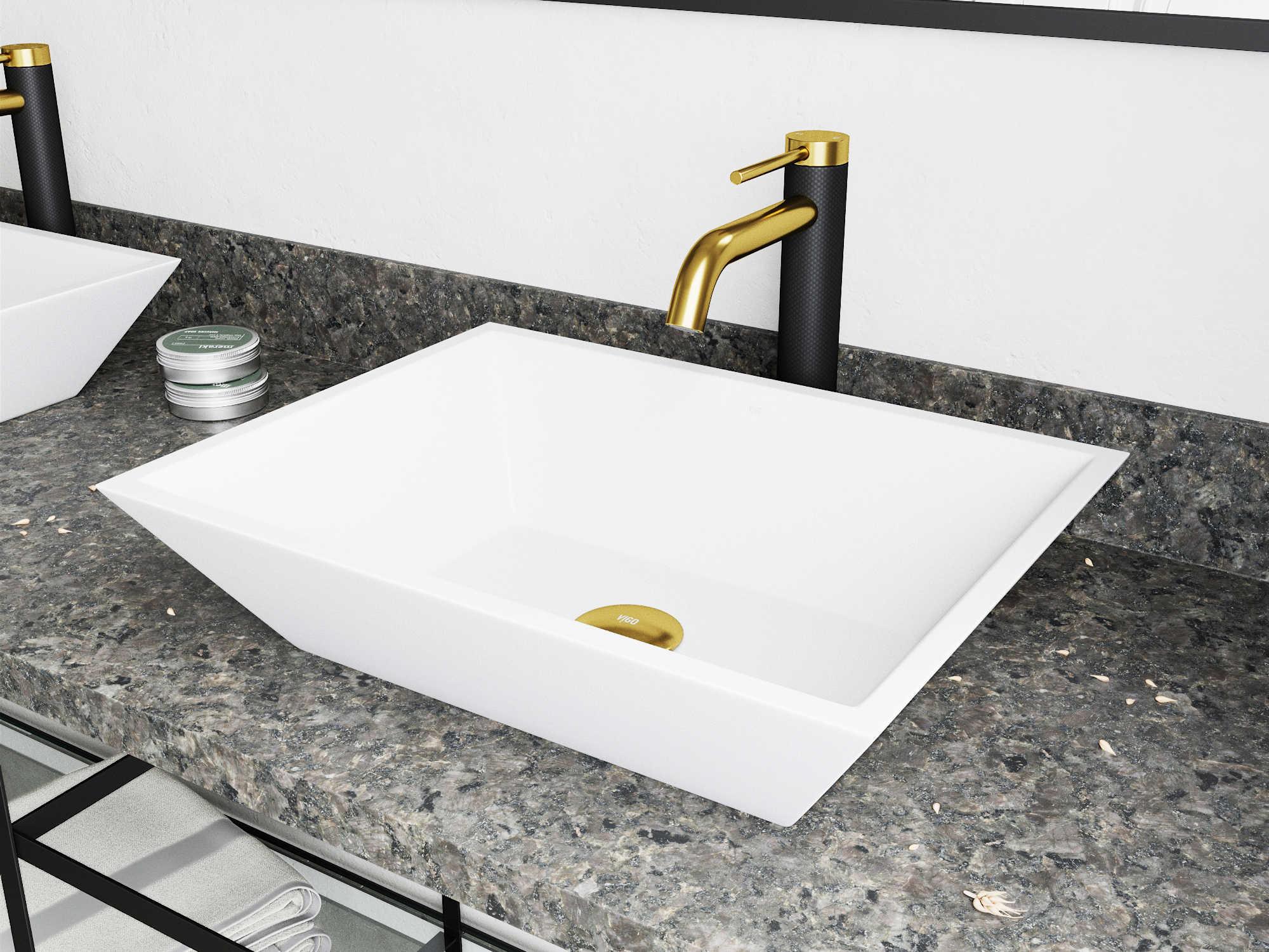 Vigo Vinca Matte White 18" Rectangular Vessel Bathroom Sink with Matte Gold / Matte Black Lexington Faucet