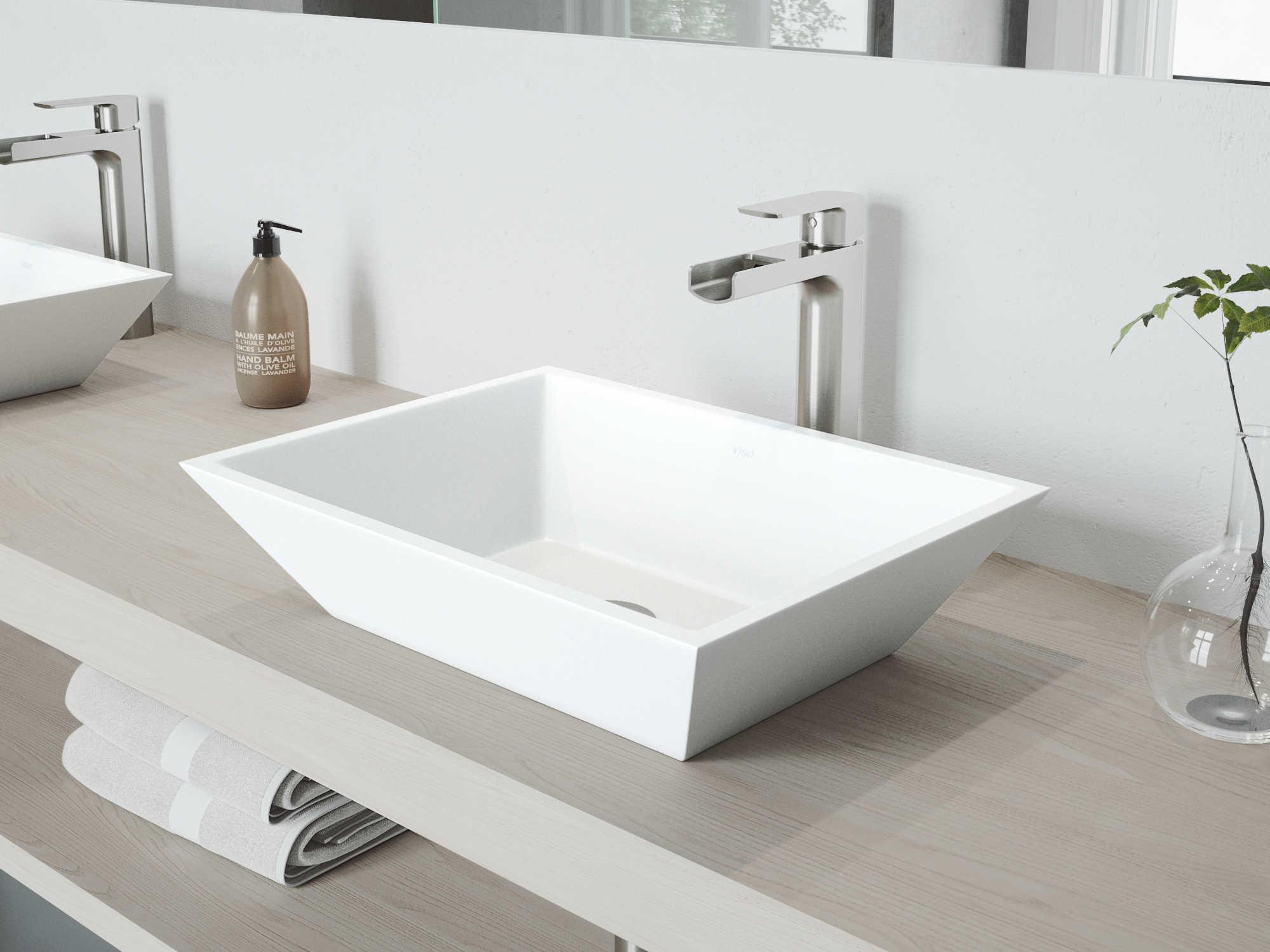 Vigo Vinca Matte White 18" Rectangular Vessel Bathroom Sink with Brushed Nickel 1-Handle Amada Faucet and Drain