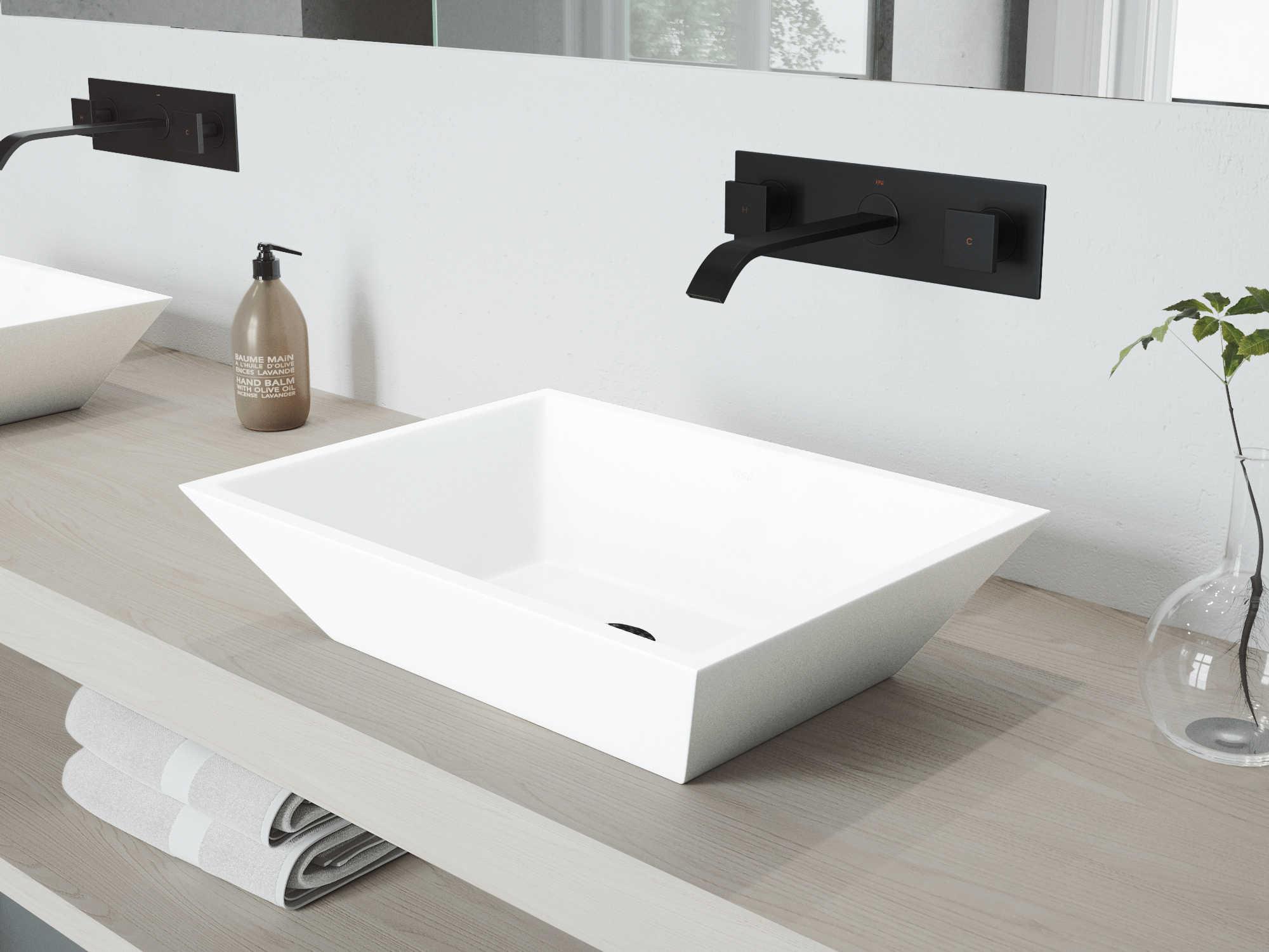 Vigo Vinca Matte White 18" Rectangular Vessel Bathroom Sink with Matte Black Dual-Handle Titus Wall-Mount Faucet and Drain