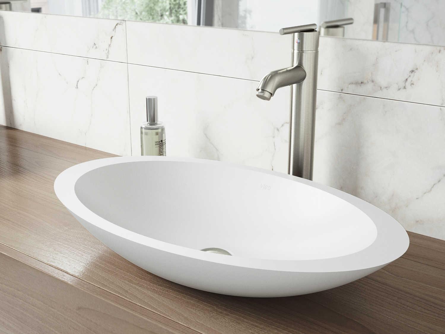 Vigo Wisteria Matte White 23" Oval Vessel Bathroom Sink with Brushed Nickel 1-Lever Seville Faucet and Drain