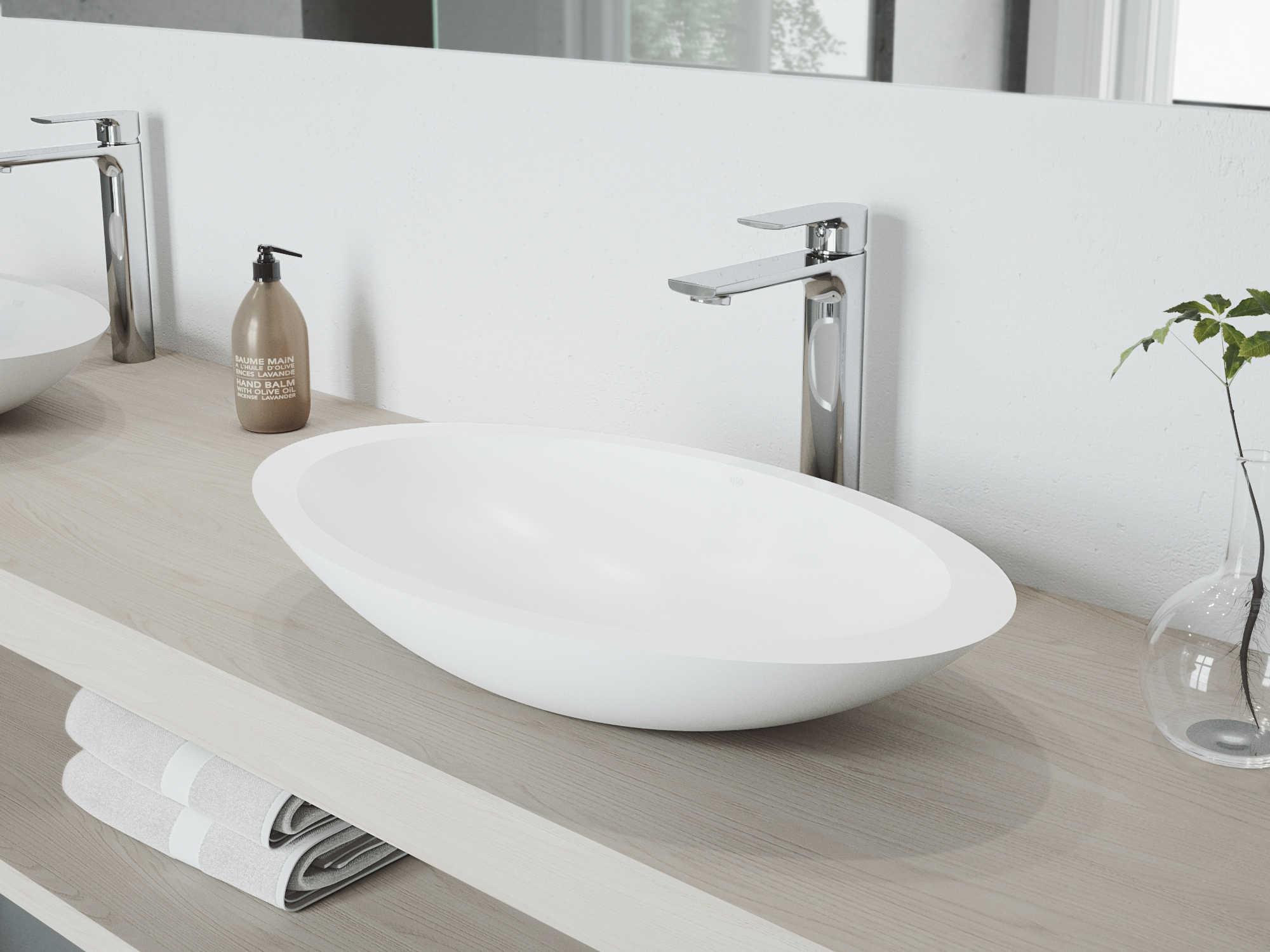 Vigo Wisteria Matte White 23" Oval Vessel Bathroom Sink with Chrome 1-Lever Norfolk Faucet and Drain