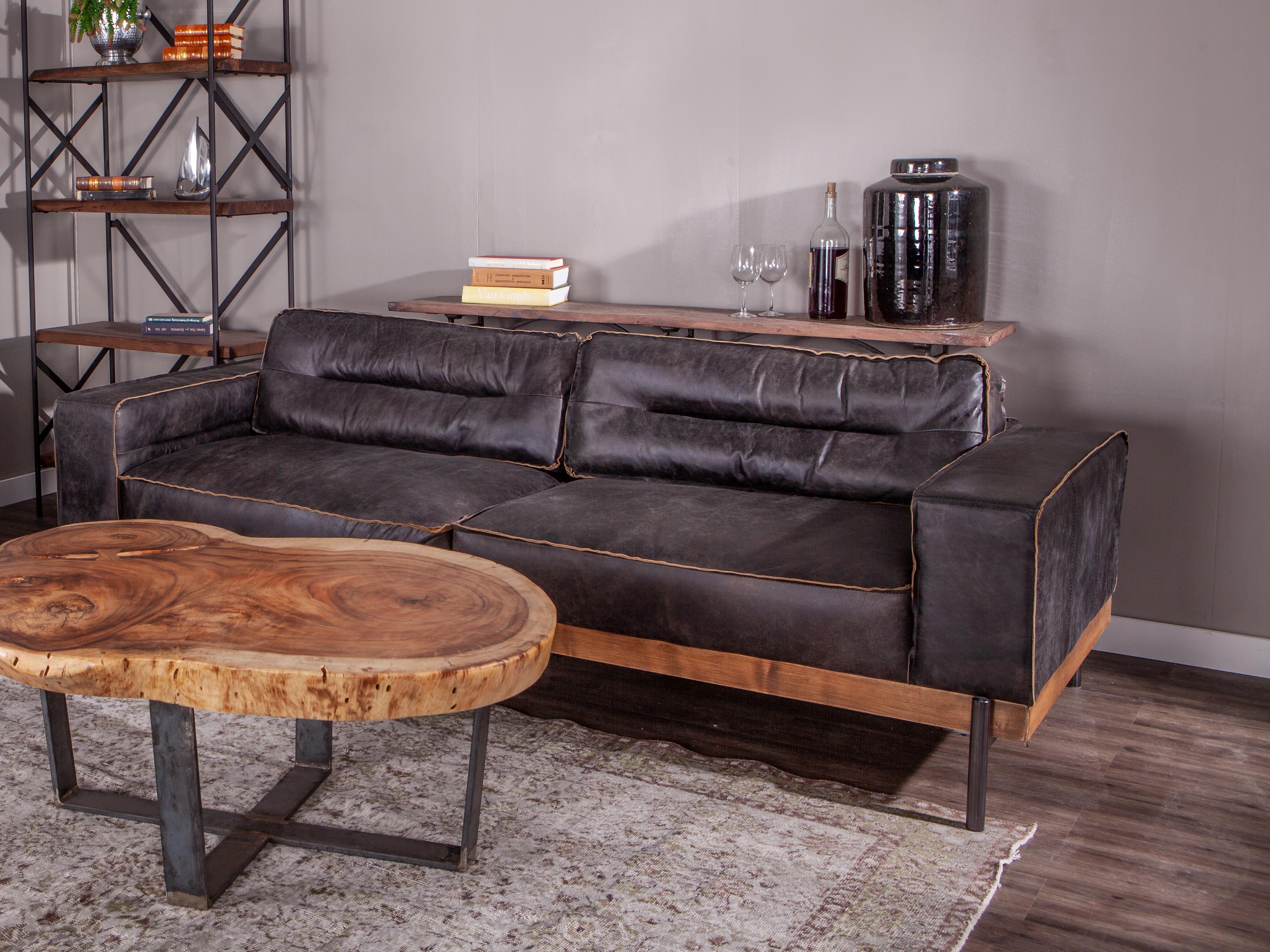 World Interiors Chiavari Antique Ebony Black Leather Sofa