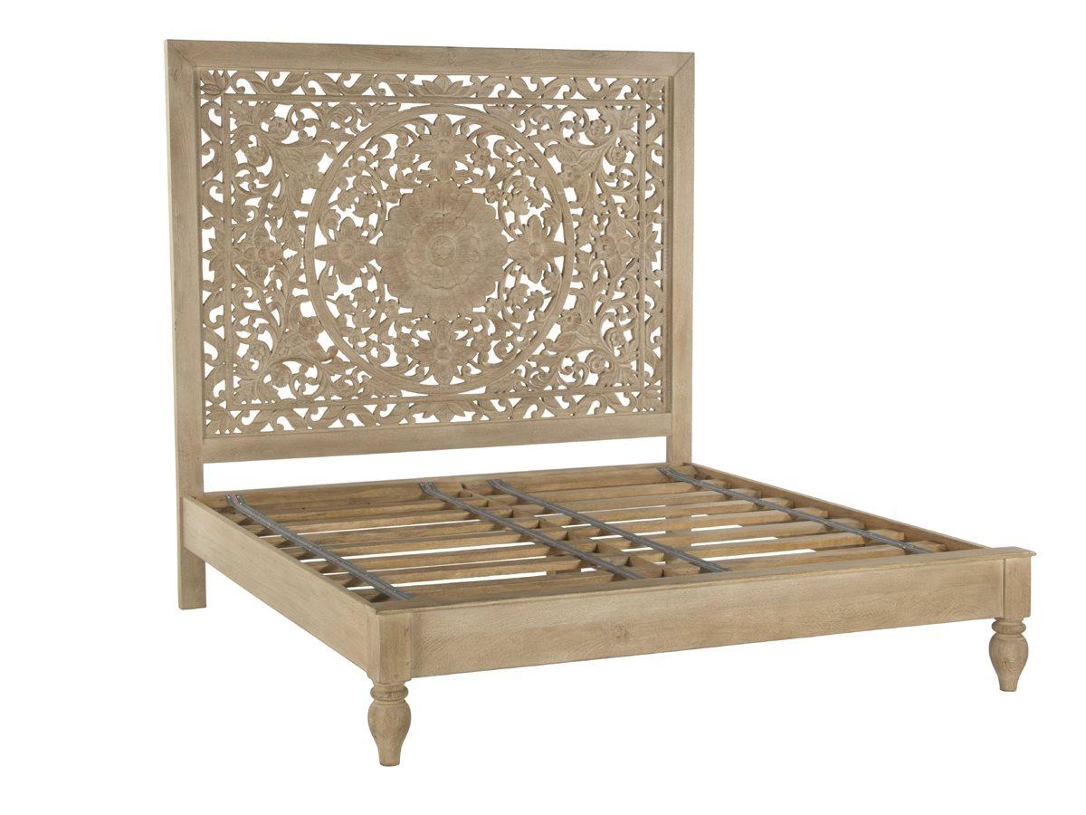 World Interiors Haveli Whitewash Natural Mango Wood King Panel Bed