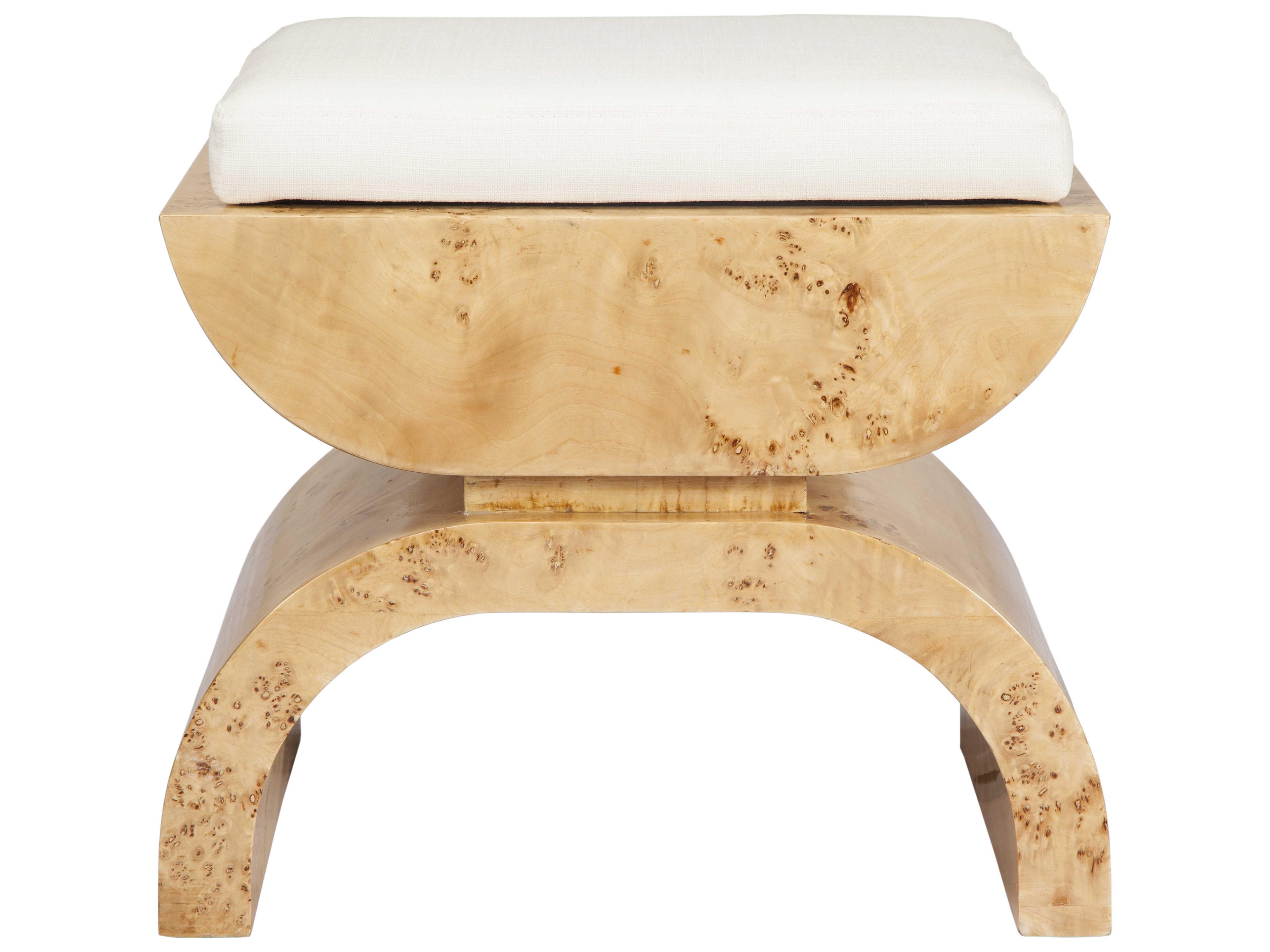 Worlds Away White Linen Burl Wood Brown Upholstered Accent Stool