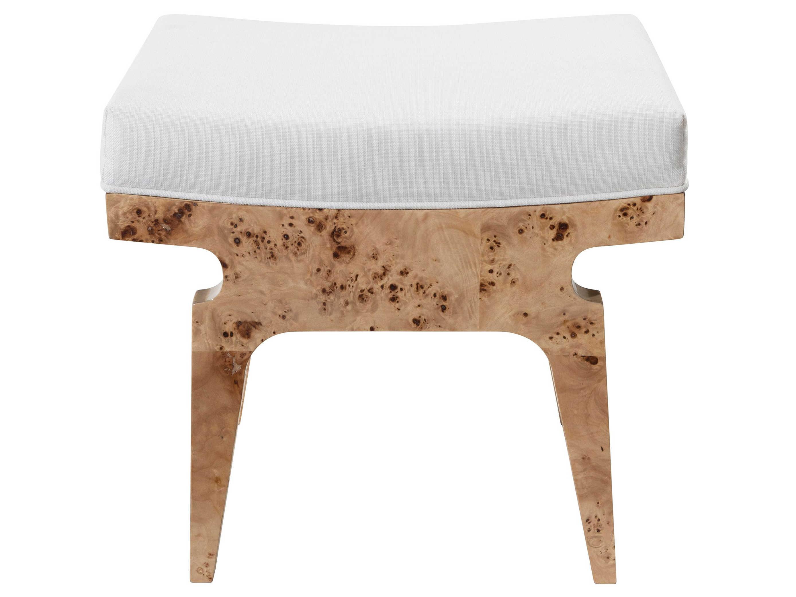 Worlds Away Glossy Burl Wood White Linen Brown Upholstered Accent Stool