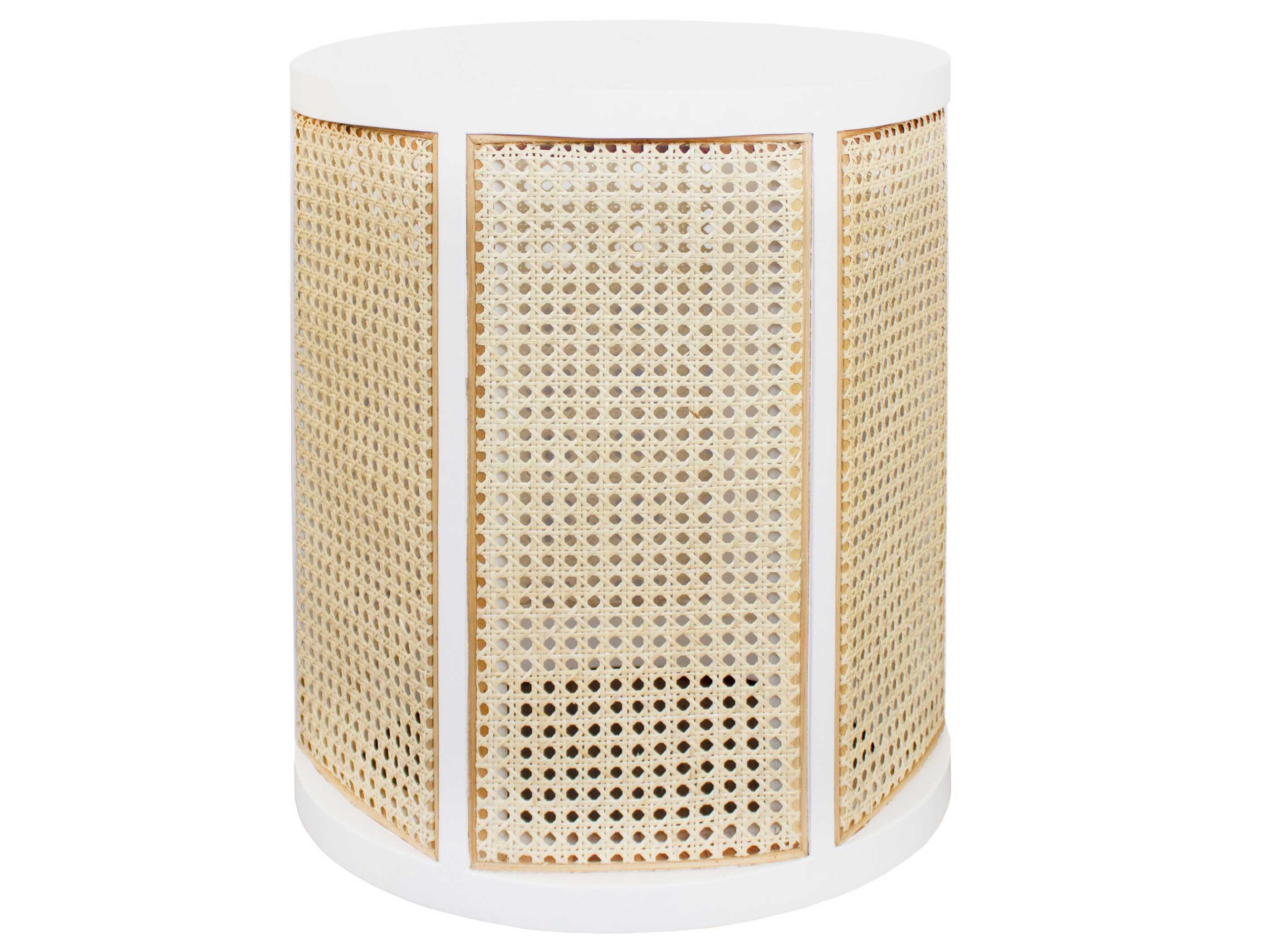 Worlds Away Round Wood Matte White Lacquer Natural Caning End Table