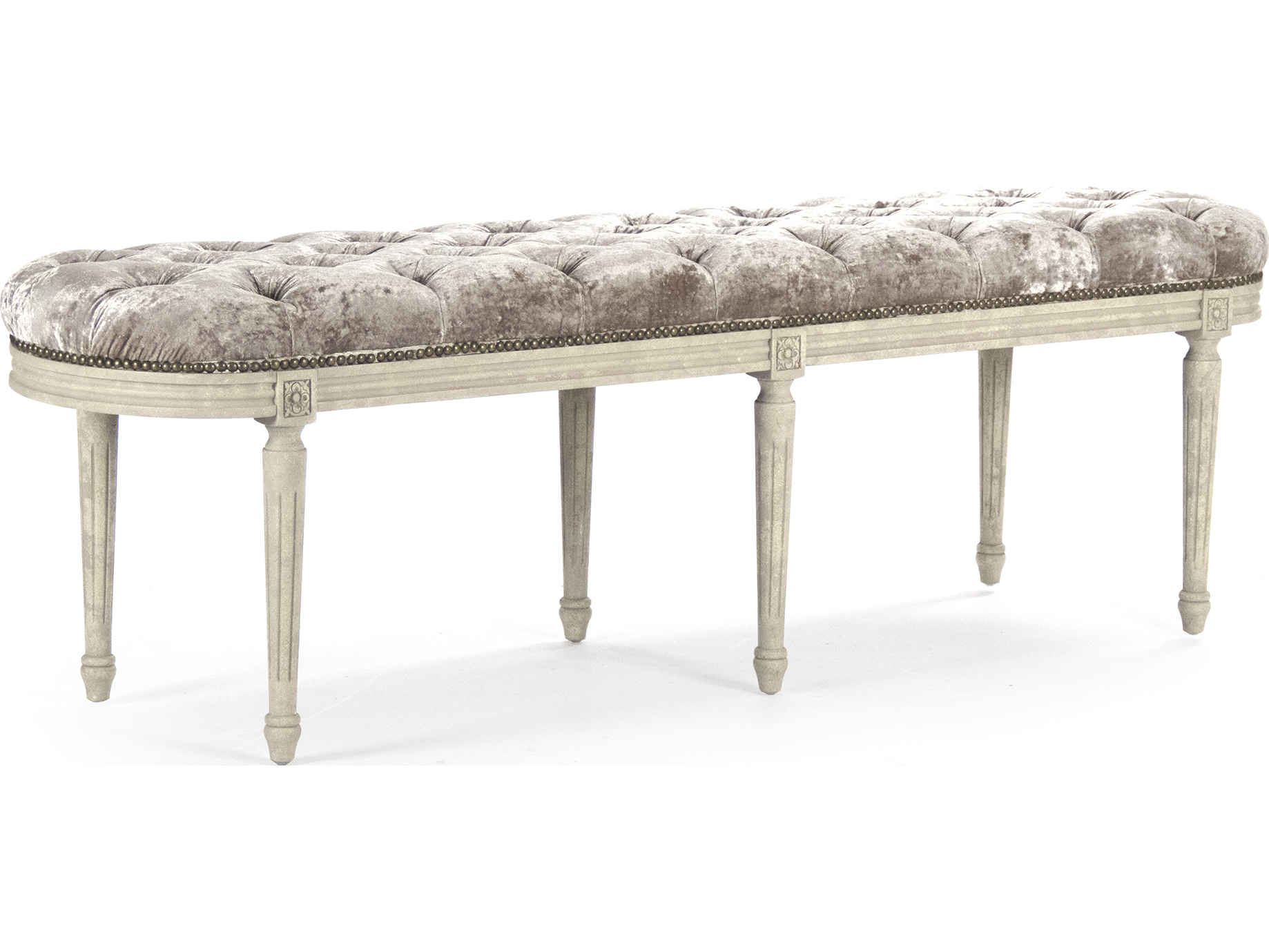 Zentique Michel Distressed Ivory Oak Gray Velvet Upholstered Accent Bench
