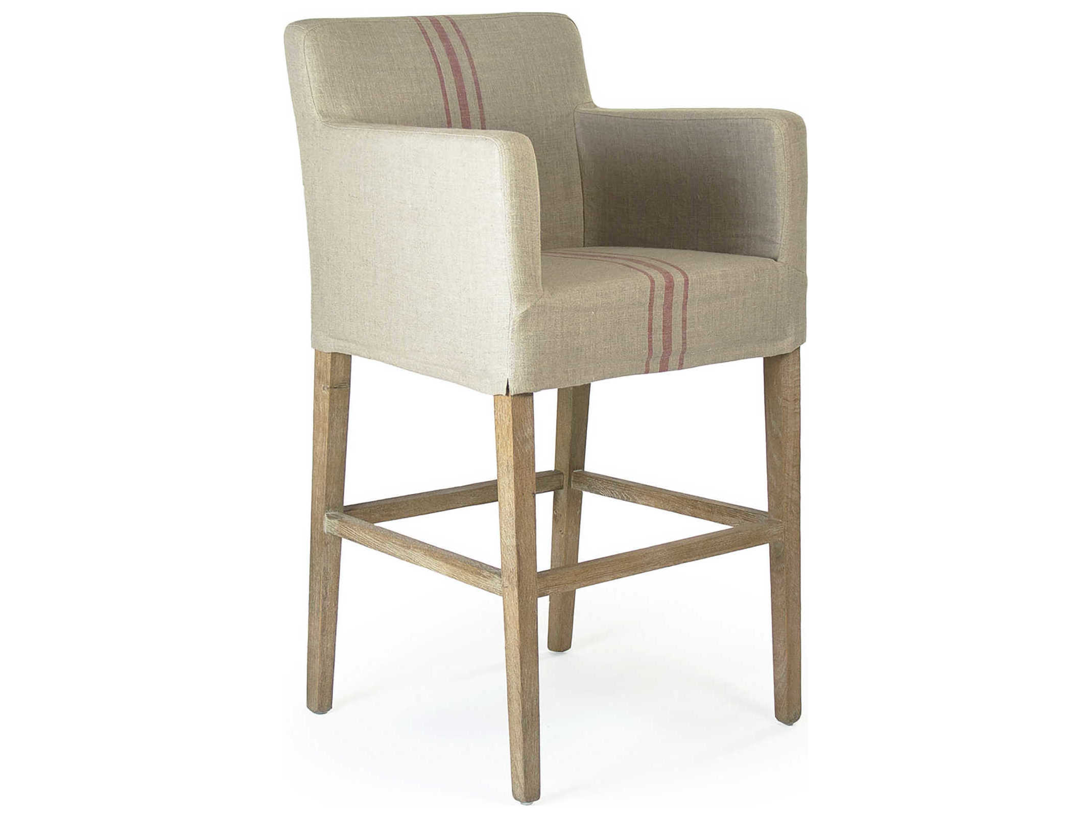 Zentique Avignon Upholstered Oak Wood Khaki Red Stripe Bar Stool