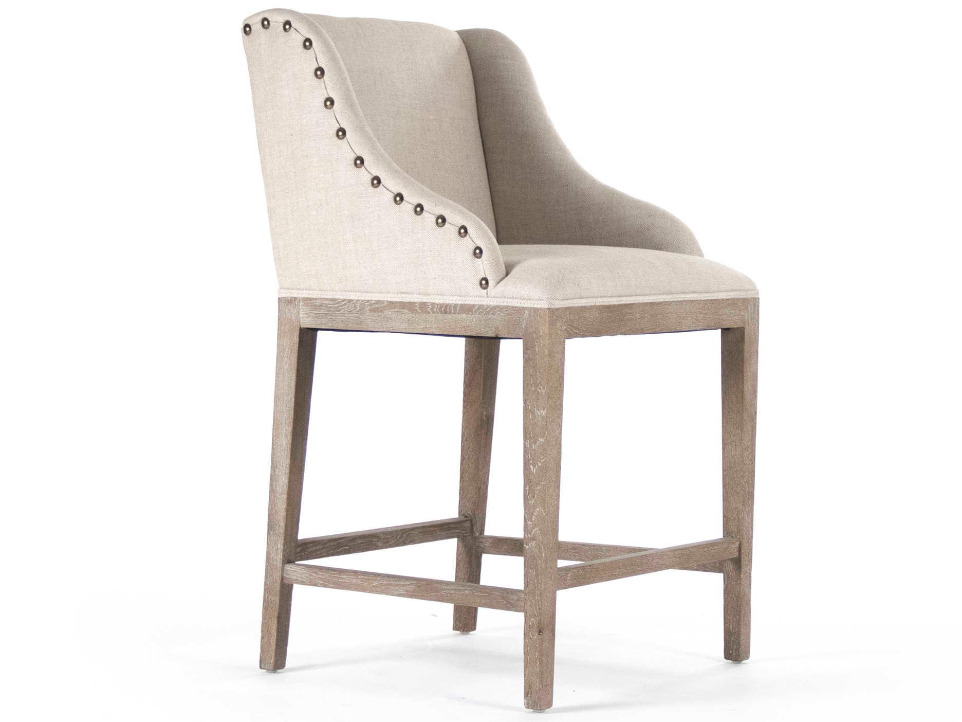 Zentique Upholstered Oak Wood Natural Linen Counter Stool